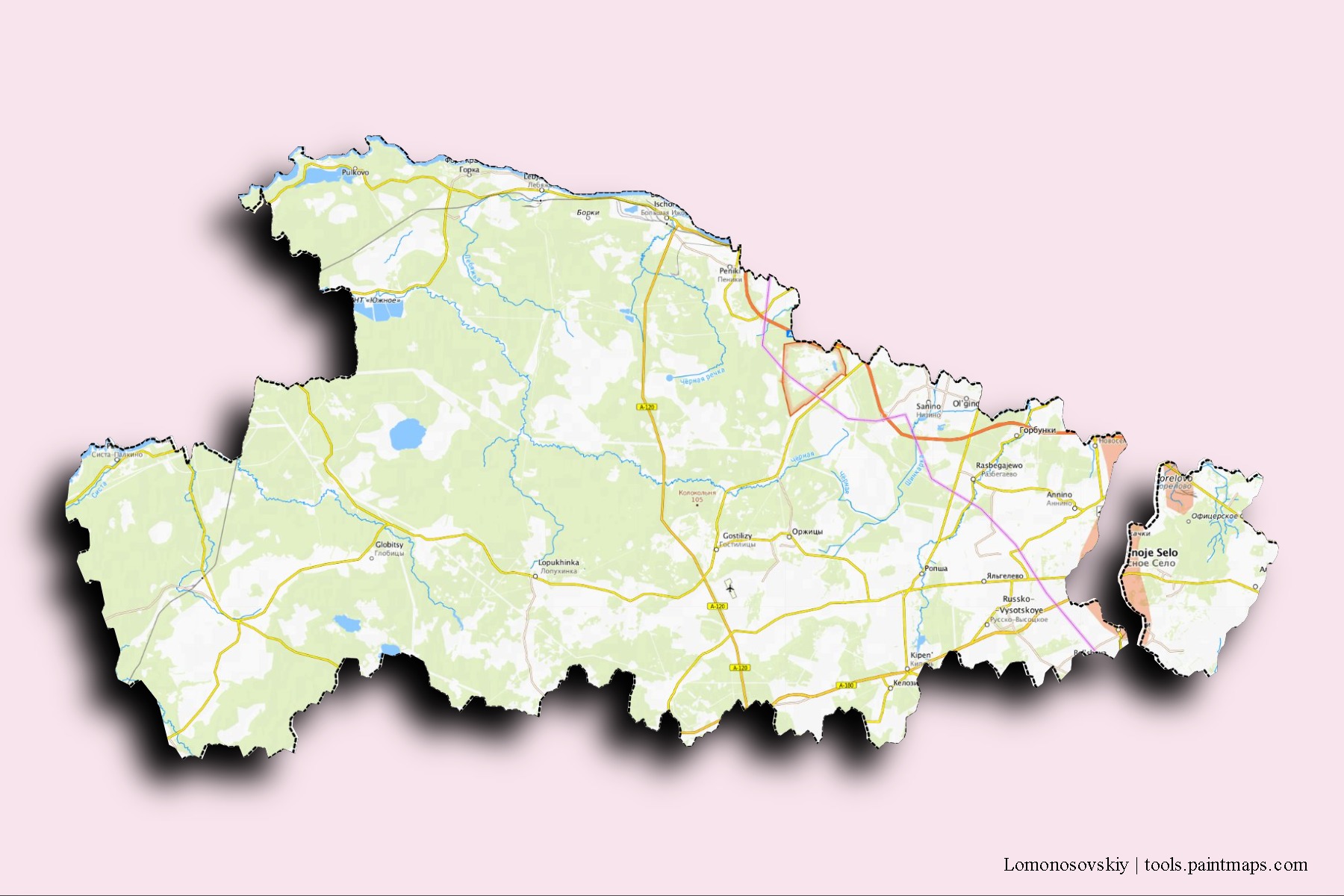 Mapa de barrios y pueblos de Lomonosovskiy con efecto de sombra 3D