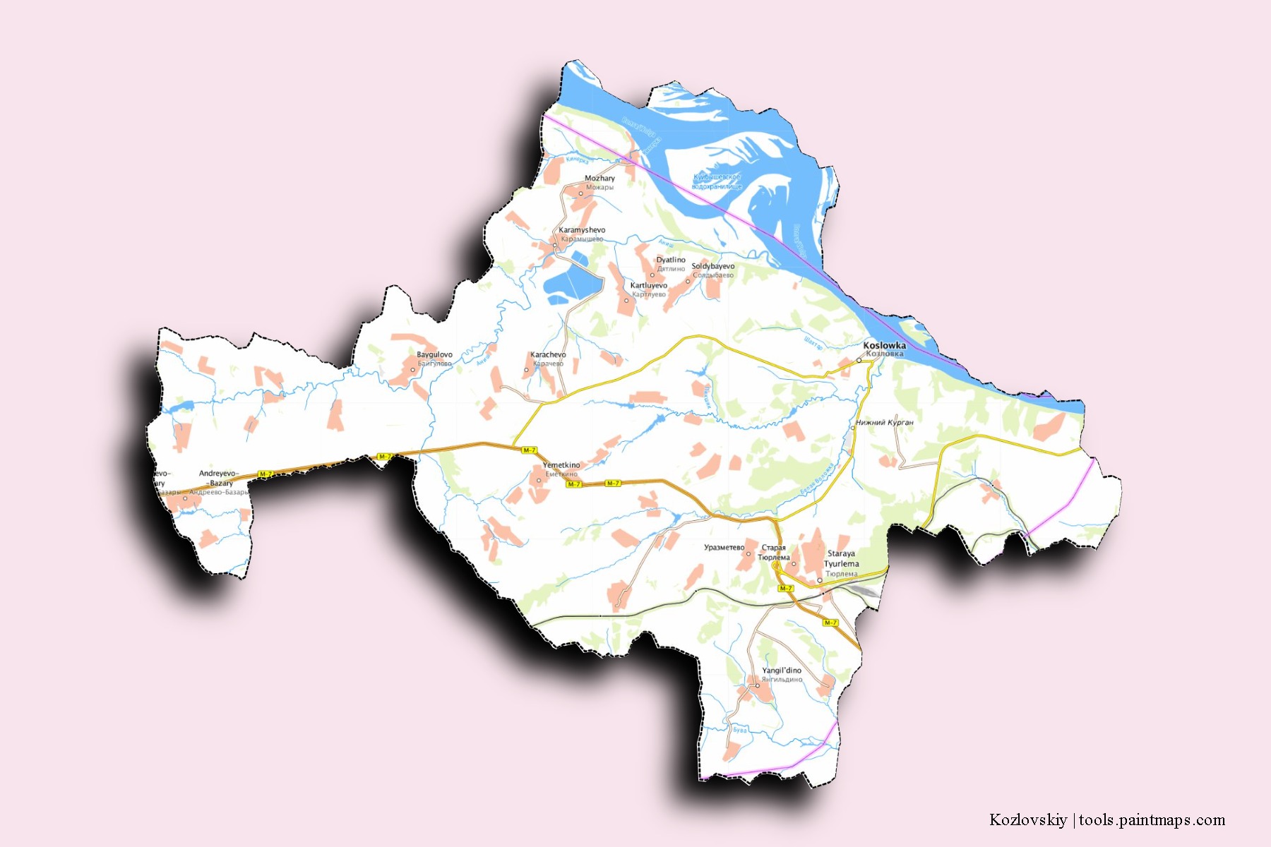 3D gölge efektli Kozlovskiy mahalleleri ve köyleri haritası
