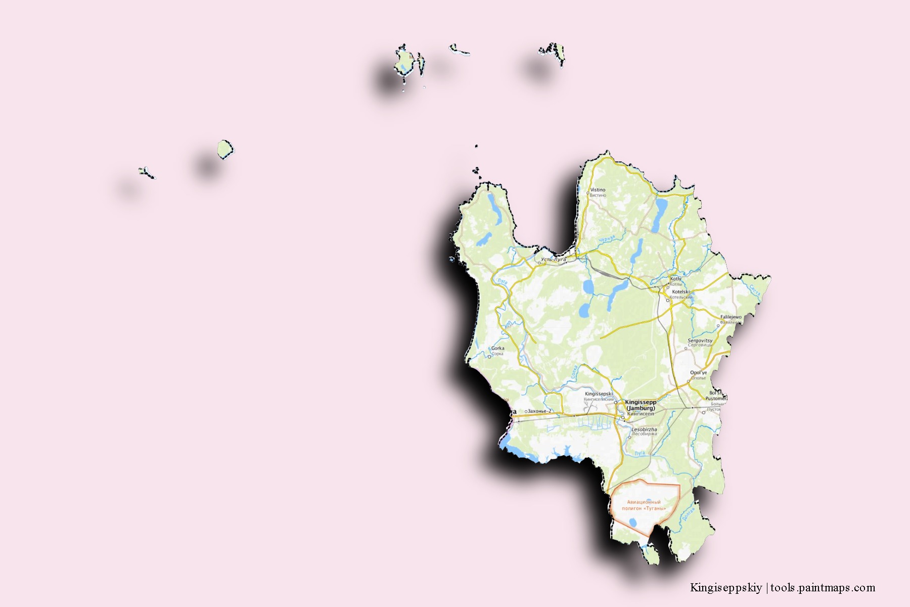 Mapa de barrios y pueblos de Kingiseppskiy con efecto de sombra 3D