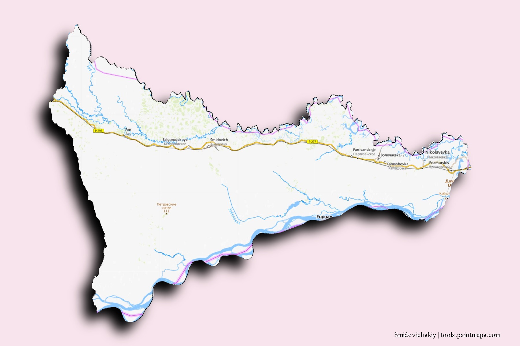 Smidovichskiy neighborhoods and villages map with 3D shadow effect