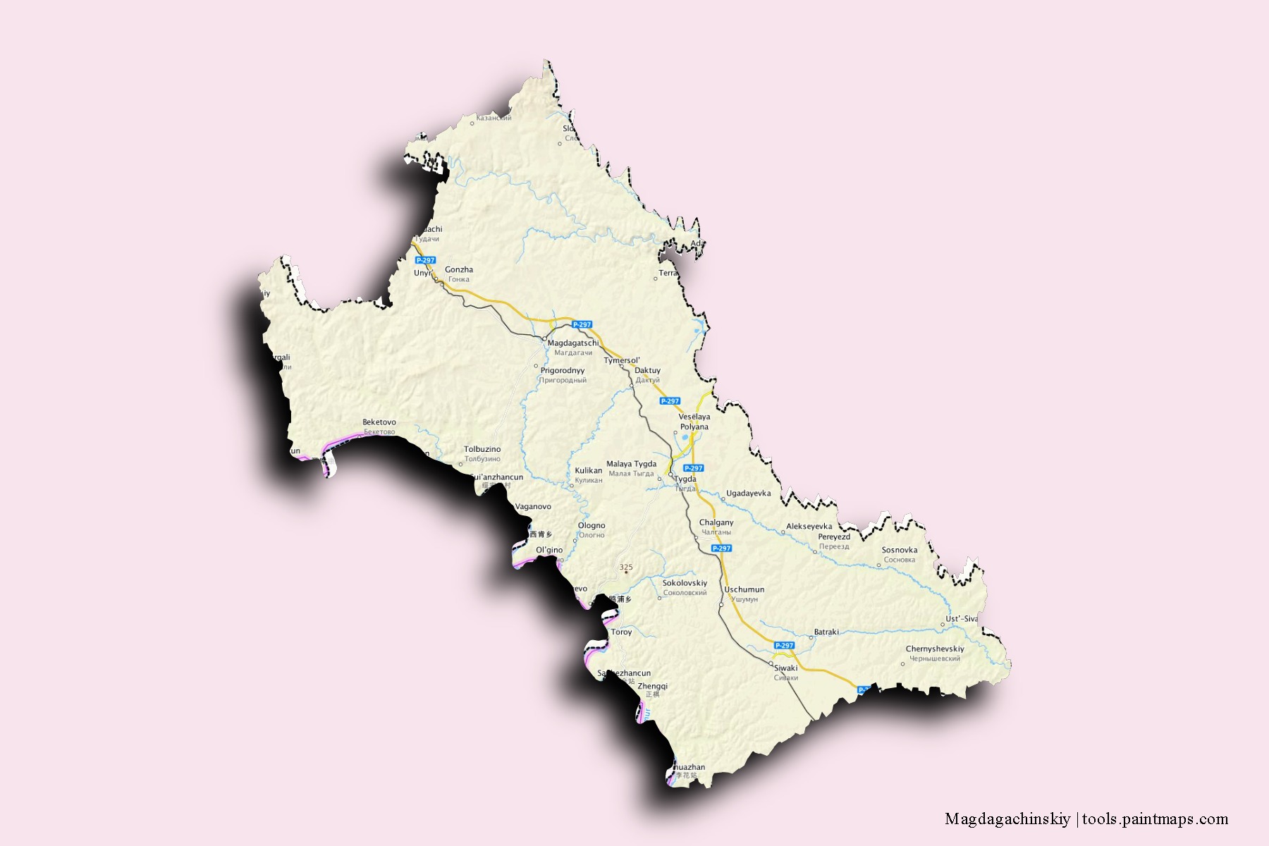 Mapa de barrios y pueblos de Magdagachinskiy con efecto de sombra 3D