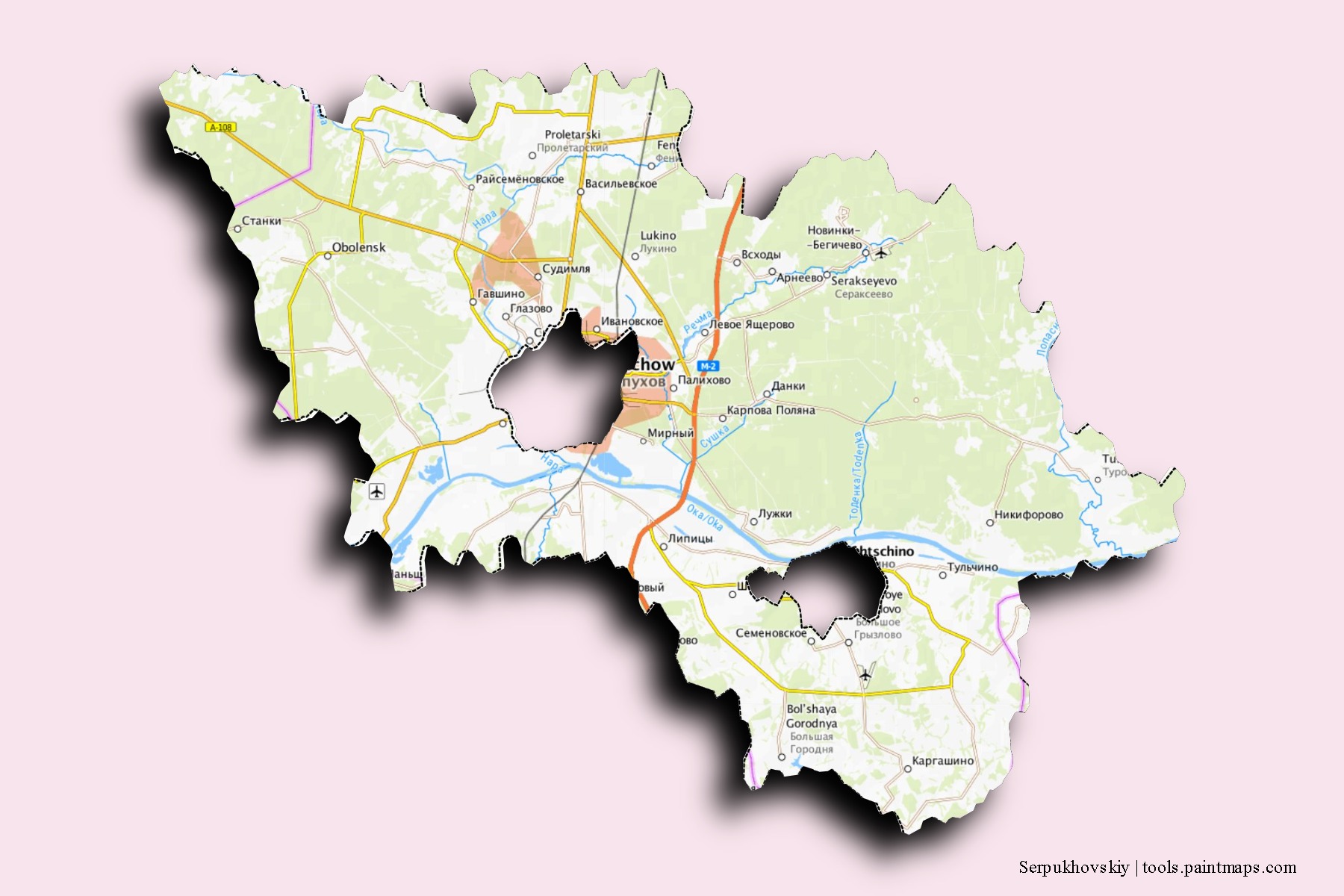 Mapa de barrios y pueblos de Serpukhovskiy con efecto de sombra 3D