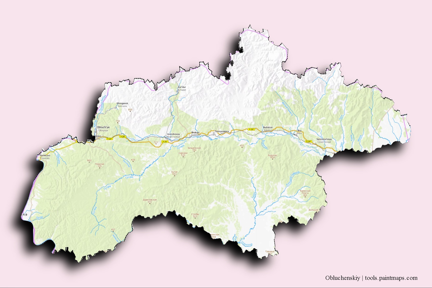 Obluchenskiy neighborhoods and villages map with 3D shadow effect