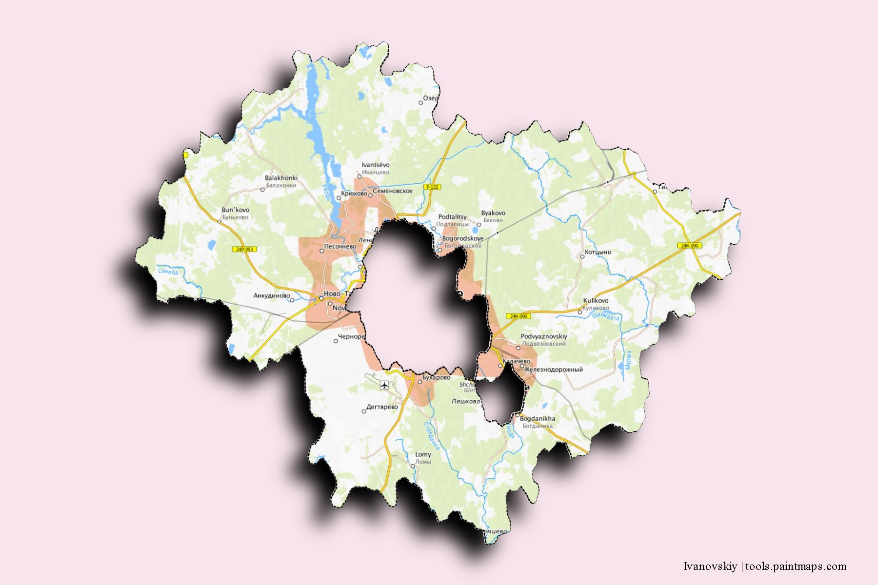 Mapa de barrios y pueblos de Ivanovskiy con efecto de sombra 3D