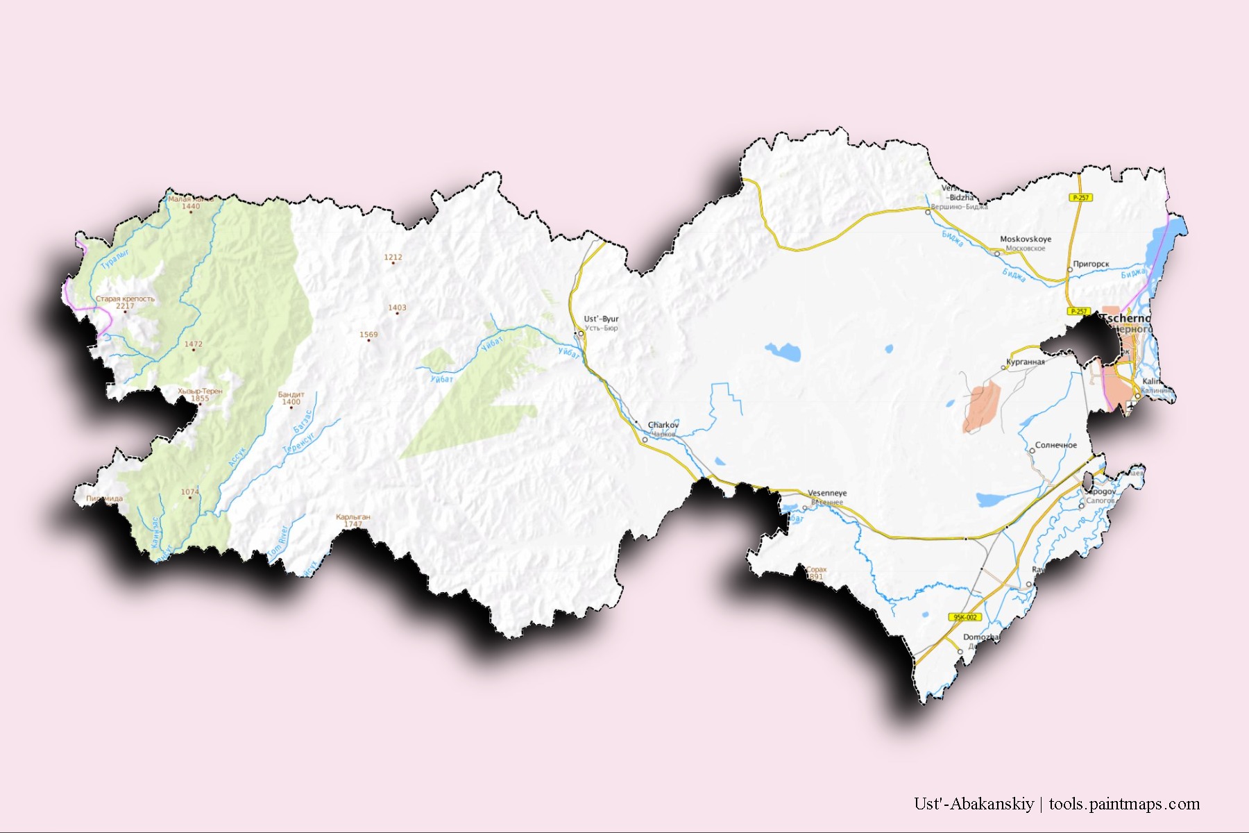 Ust'-Abakanskiy neighborhoods and villages map with 3D shadow effect