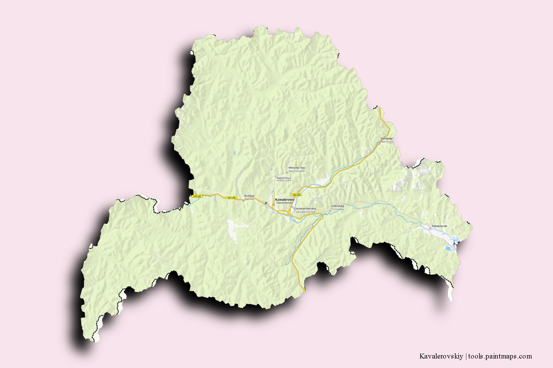 Mapa de barrios y pueblos de Kavalerovskiy con efecto de sombra 3D