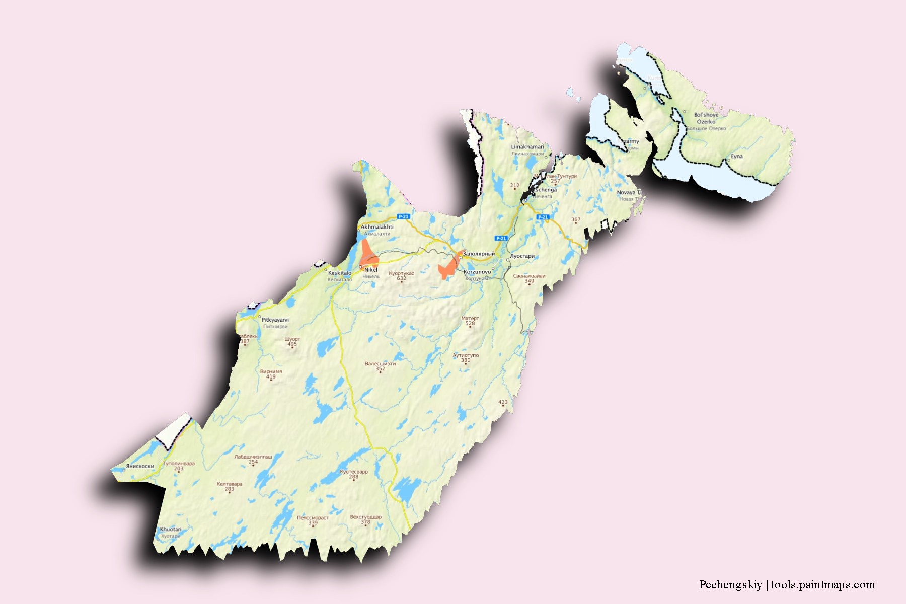 Mapa de barrios y pueblos de Pechengskiy con efecto de sombra 3D