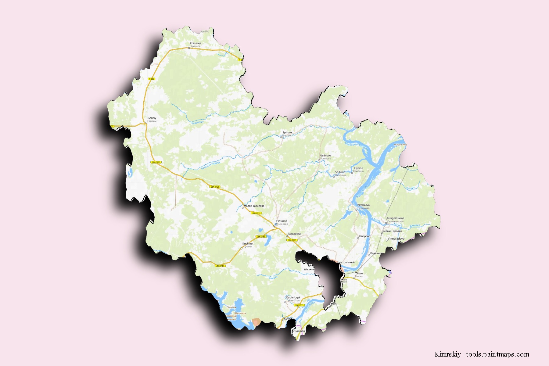 Mapa de barrios y pueblos de Kimrskiy con efecto de sombra 3D