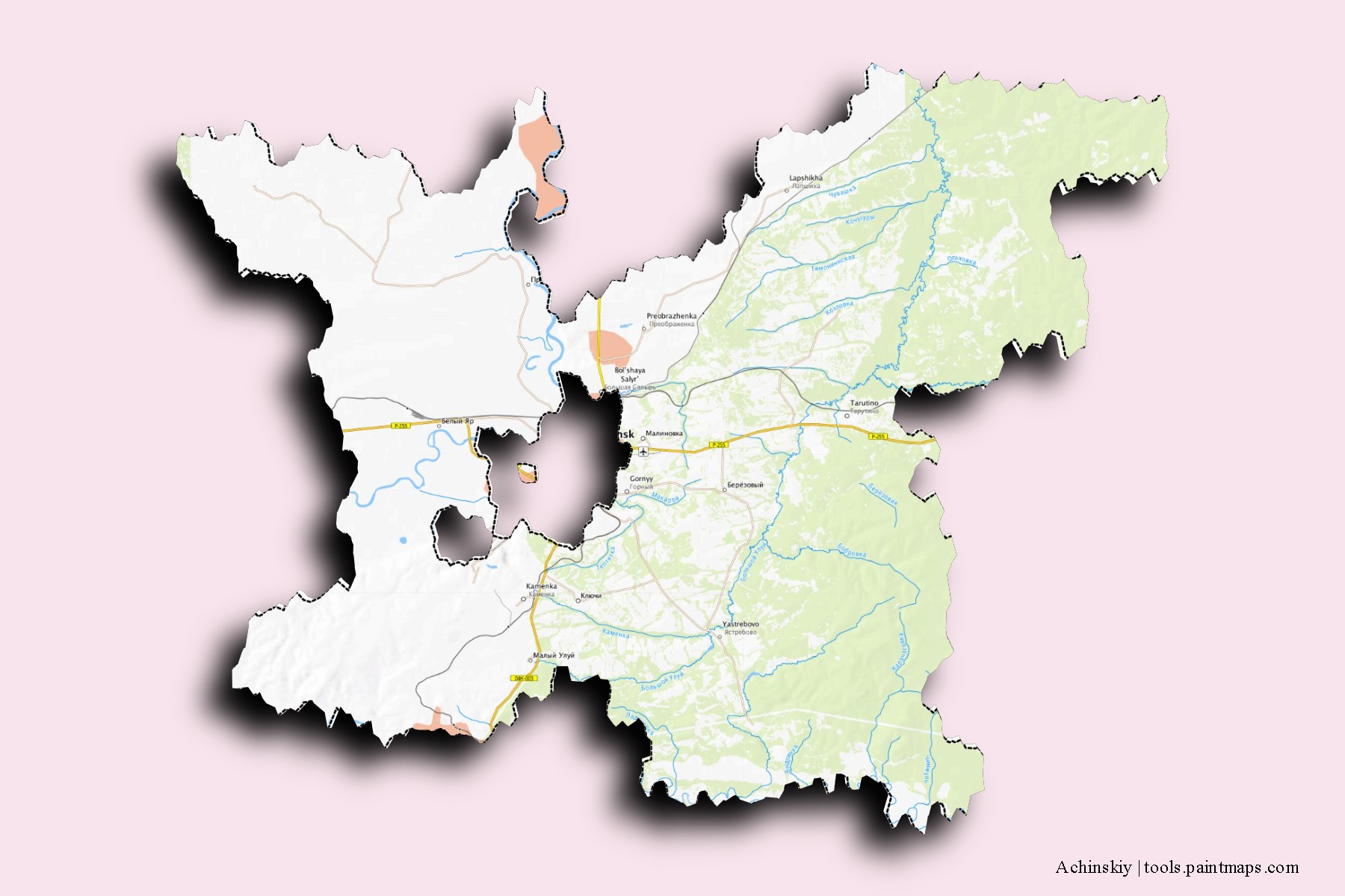 Achinskiy neighborhoods and villages map with 3D shadow effect