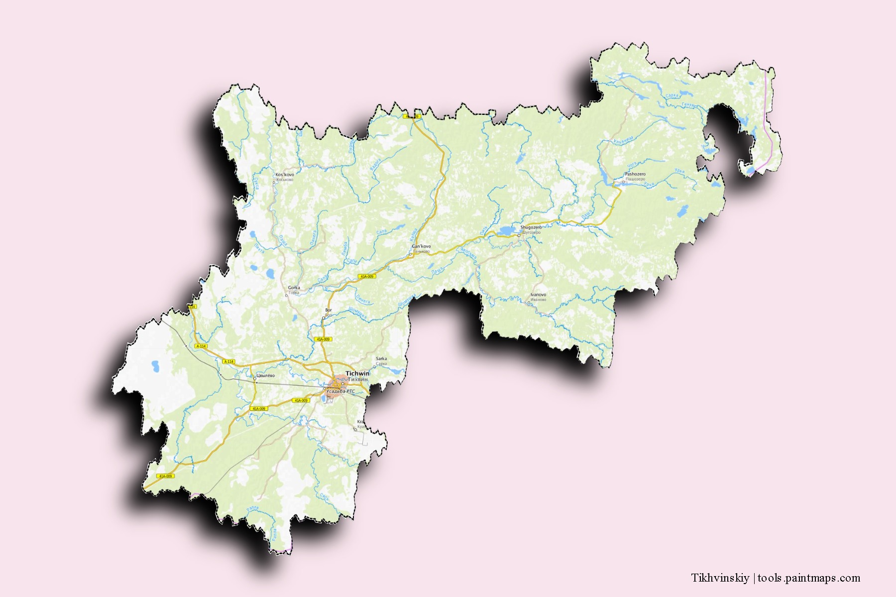 Mapa de barrios y pueblos de Tikhvinskiy con efecto de sombra 3D