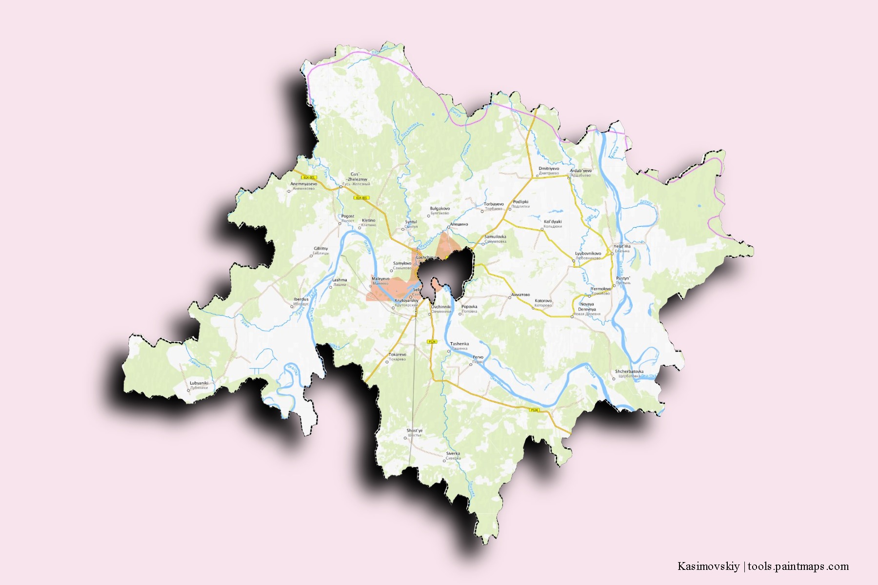 Mapa de barrios y pueblos de Kasimovskiy con efecto de sombra 3D