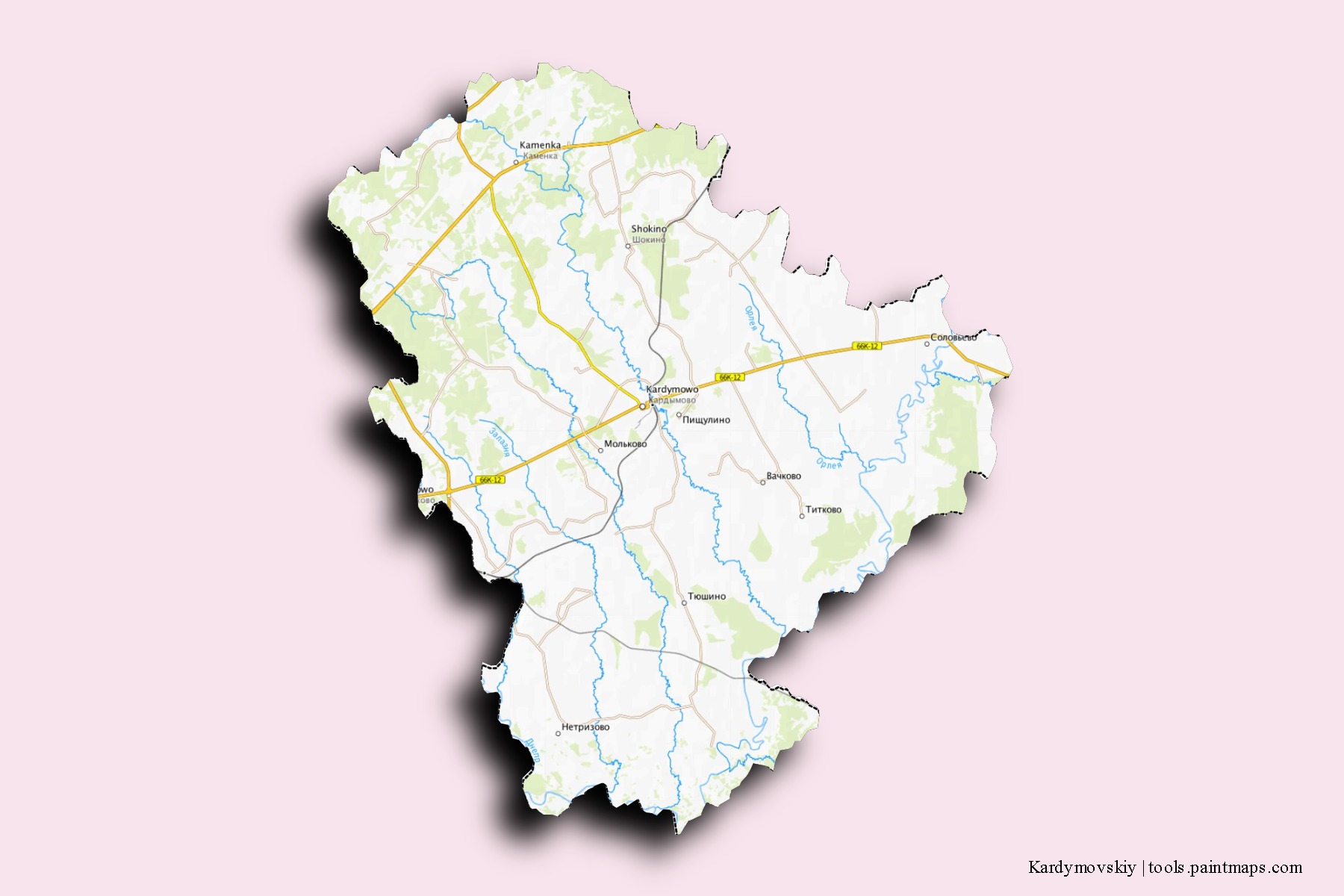 Mapa de barrios y pueblos de Kardymovskiy con efecto de sombra 3D