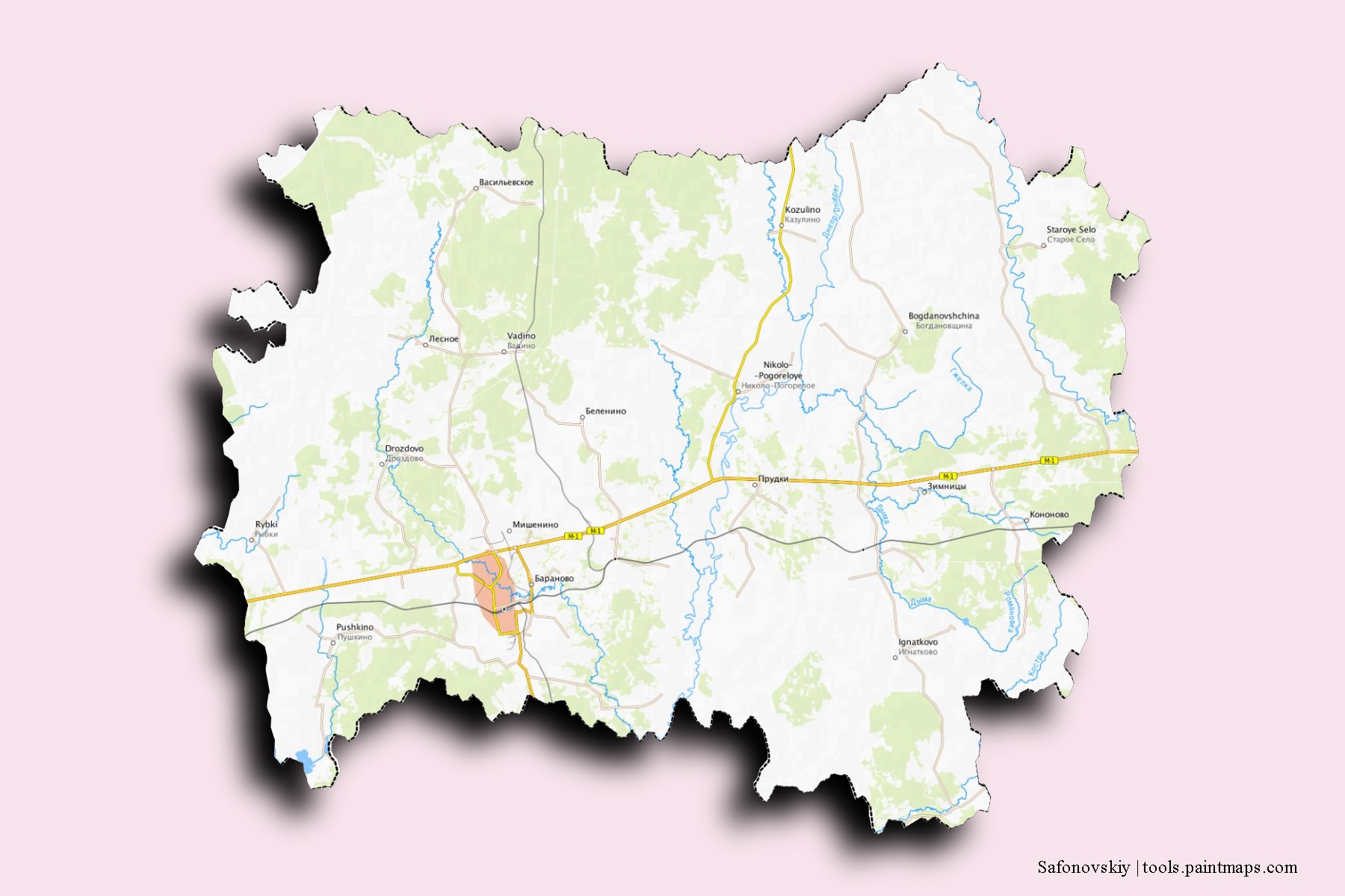 Mapa de barrios y pueblos de Safonovskiy con efecto de sombra 3D