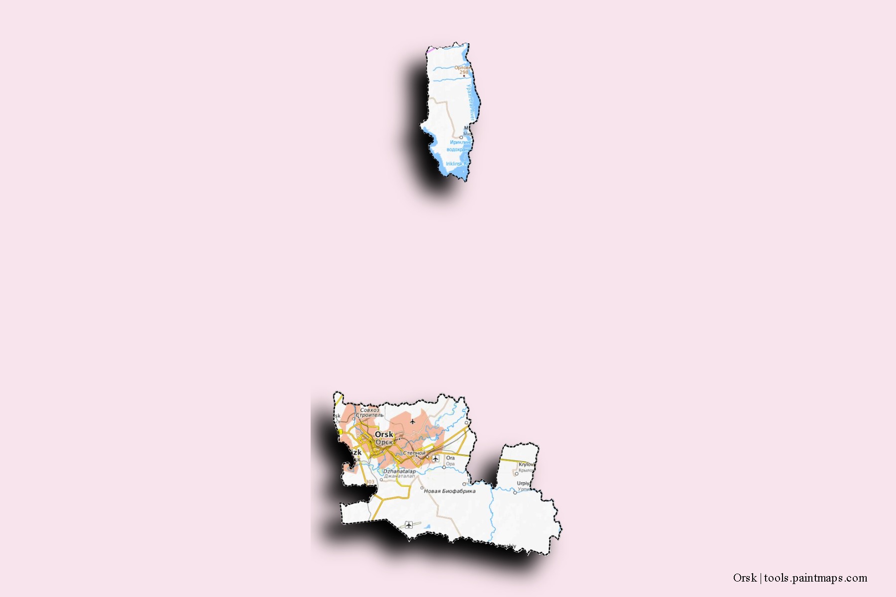 Mapa de barrios y pueblos de Orsk con efecto de sombra 3D