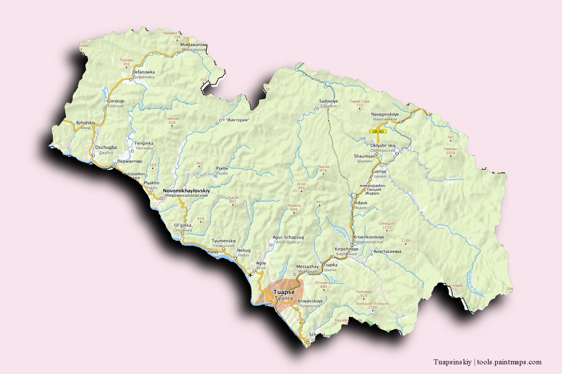 Tuapsinskiy neighborhoods and villages map with 3D shadow effect