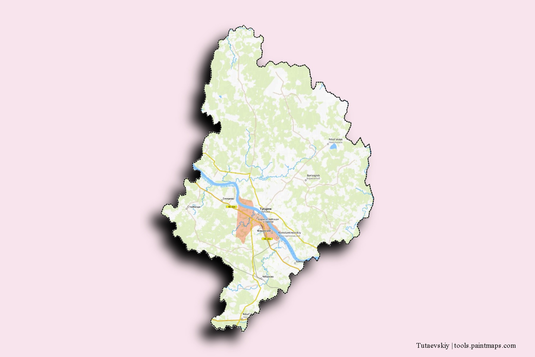 Tutaevskiy neighborhoods and villages map with 3D shadow effect