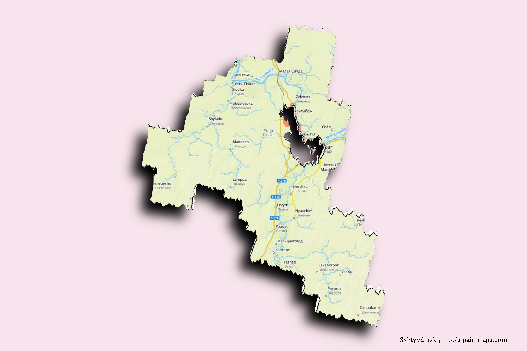 Syktyvdinskiy neighborhoods and villages map with 3D shadow effect