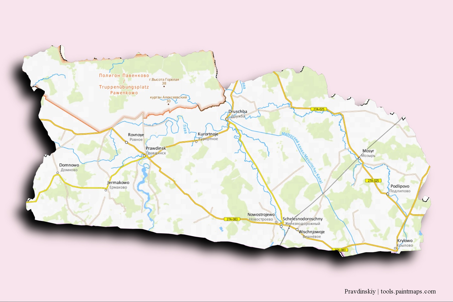 Mapa de barrios y pueblos de Pravdinskiy con efecto de sombra 3D