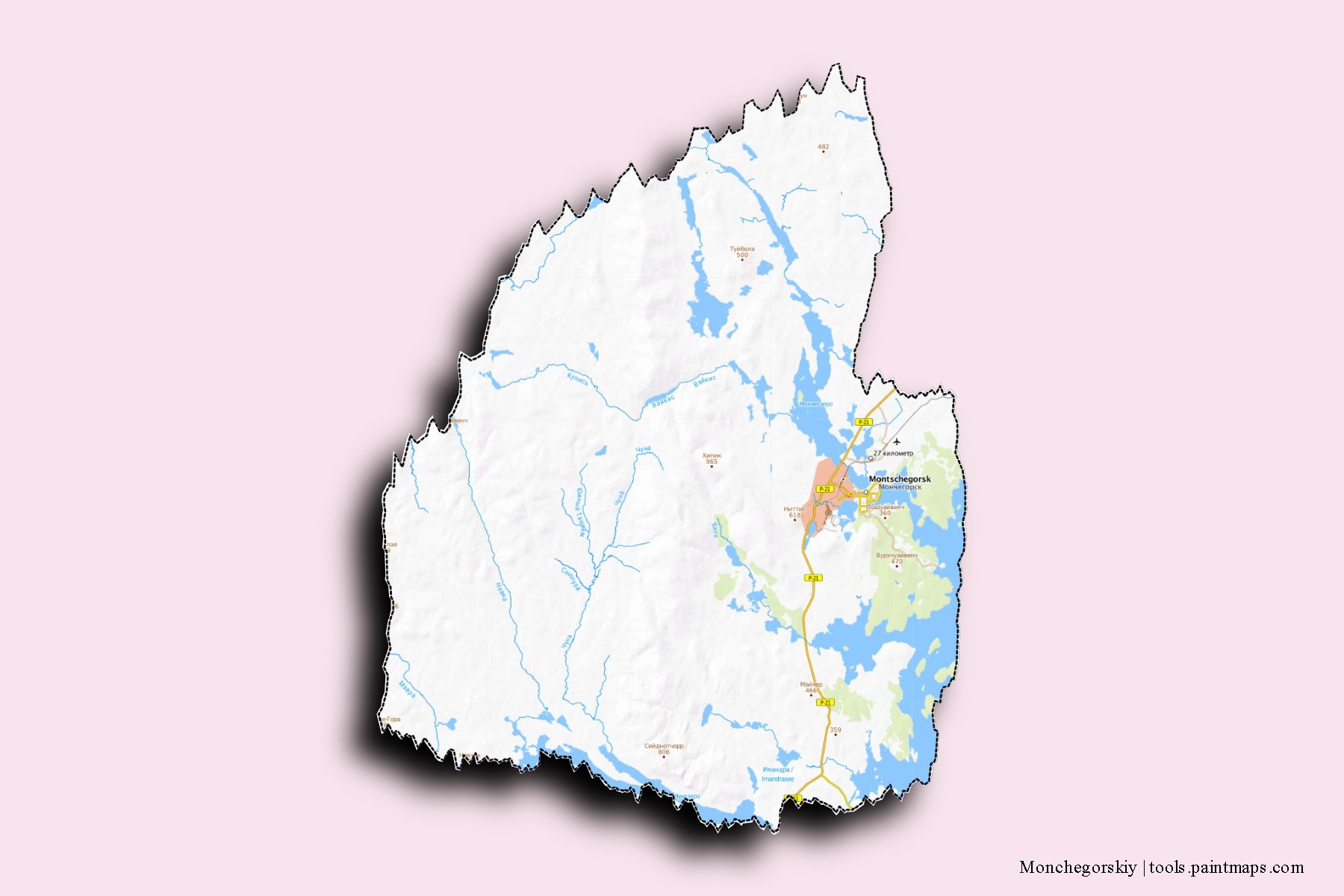 Mapa de barrios y pueblos de Monchegorskiy con efecto de sombra 3D