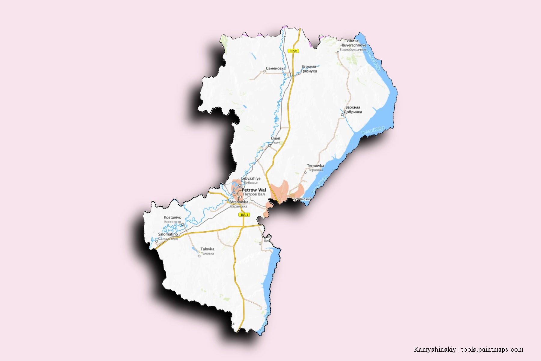 Mapa de barrios y pueblos de Kamyshinskiy con efecto de sombra 3D