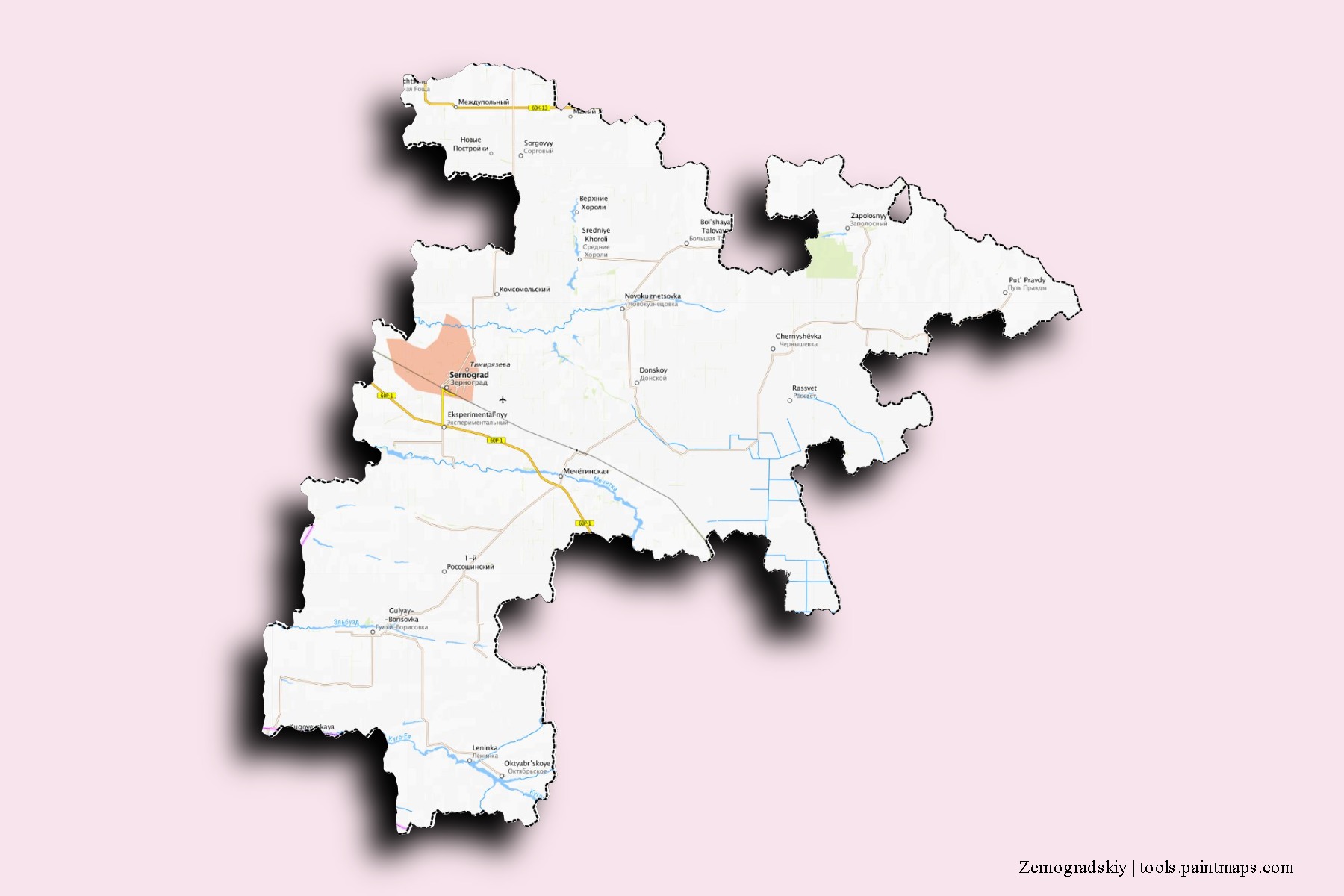 3D gölge efektli Zernogradskiy mahalleleri ve köyleri haritası