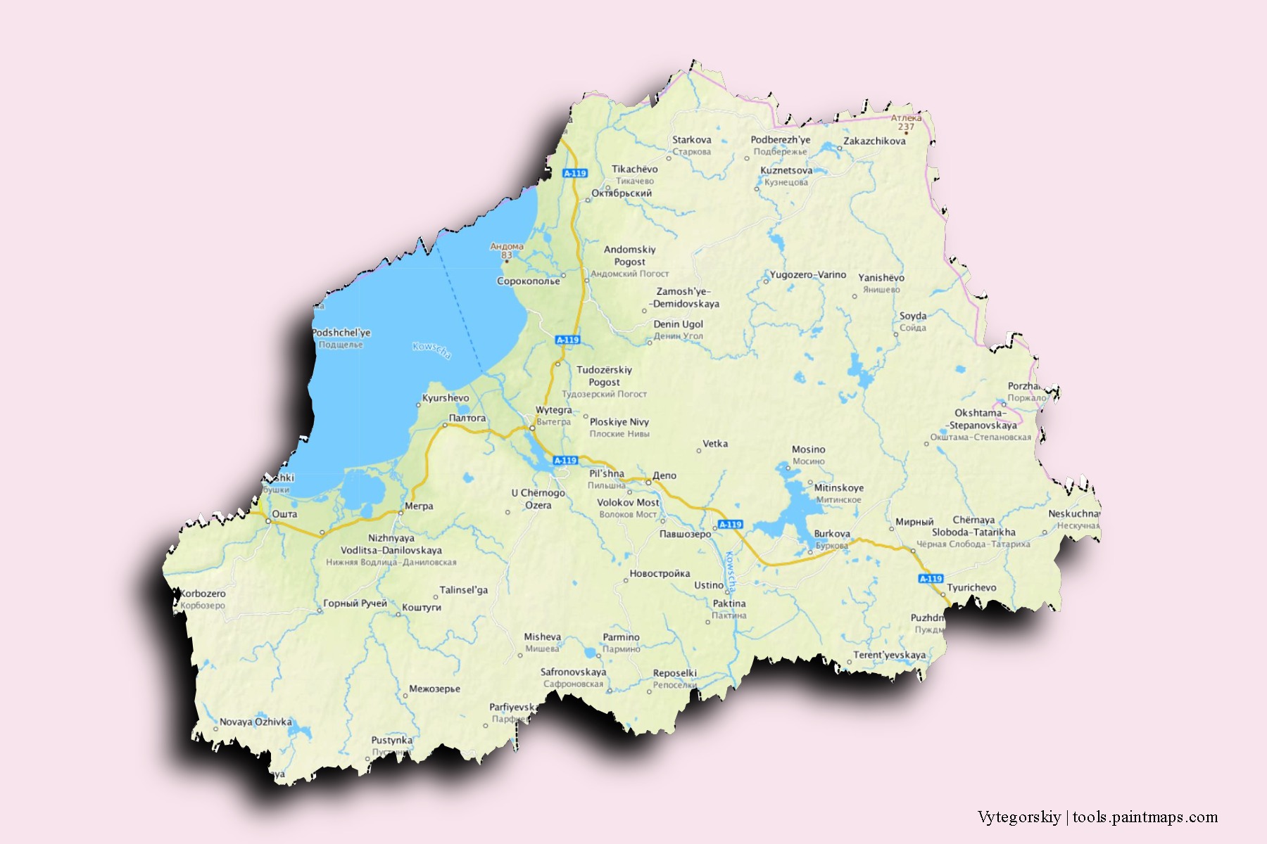 Mapa de barrios y pueblos de Vytegorskiy con efecto de sombra 3D