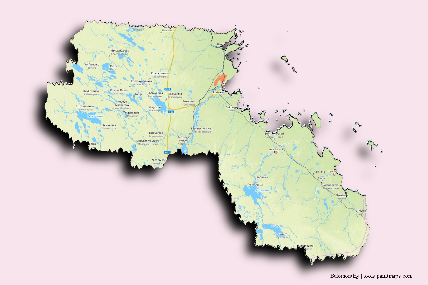 Mapa de barrios y pueblos de Belomorskiy con efecto de sombra 3D