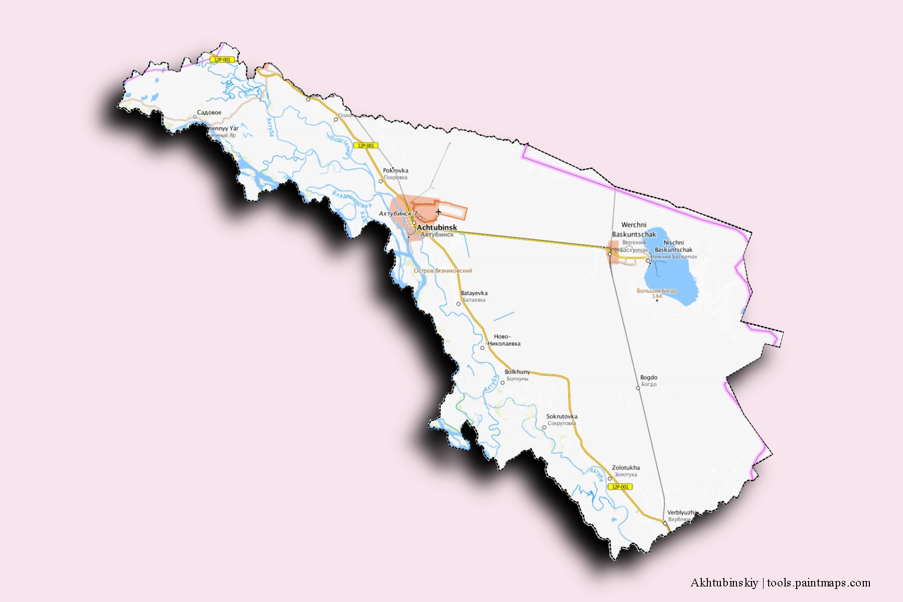 Akhtubinskiy neighborhoods and villages map with 3D shadow effect