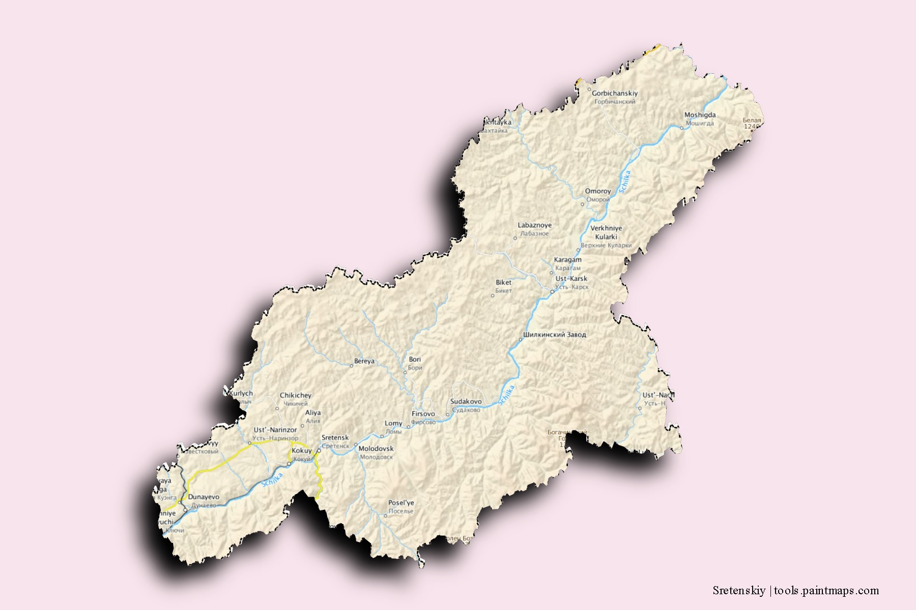 Mapa de barrios y pueblos de Sretenskiy con efecto de sombra 3D