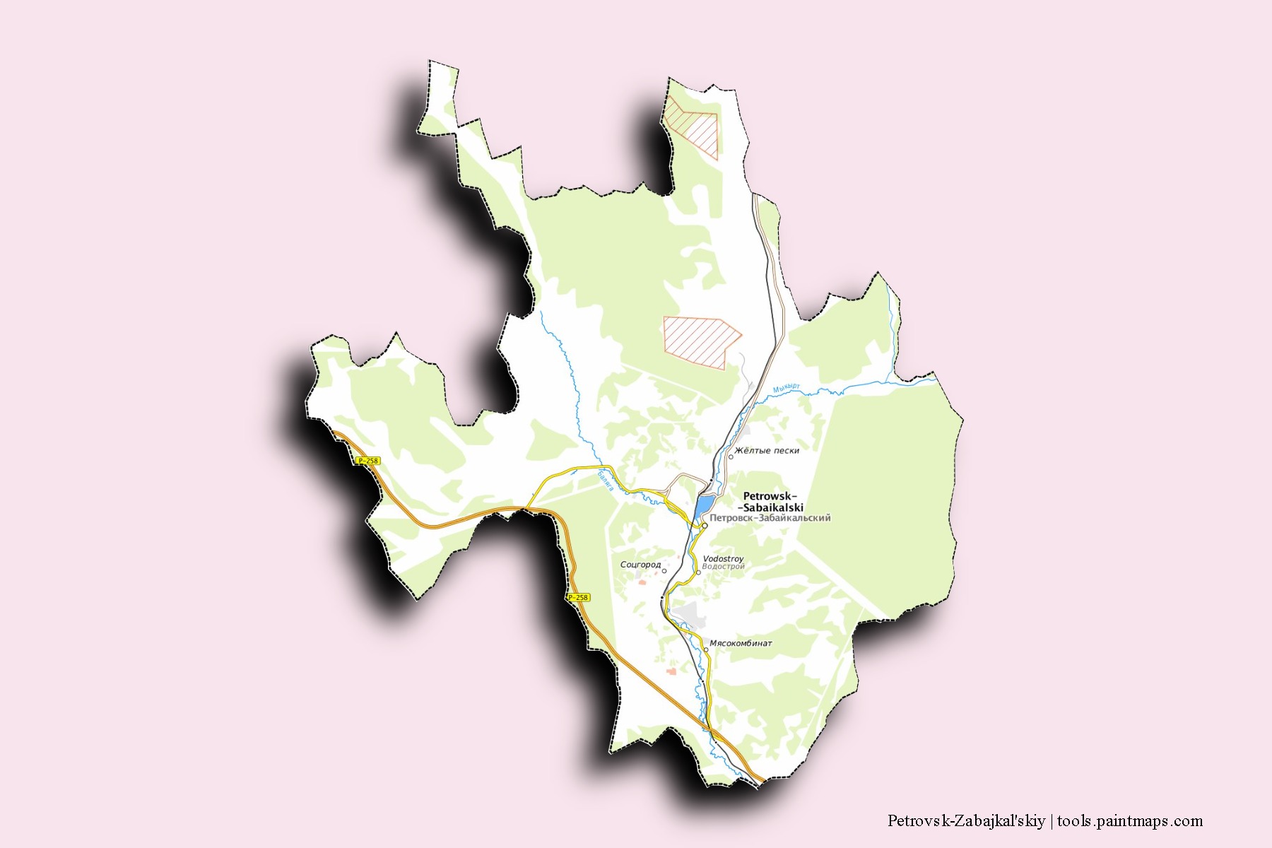 Mapa de barrios y pueblos de Petrovsk-Zabajkal'skiy con efecto de sombra 3D