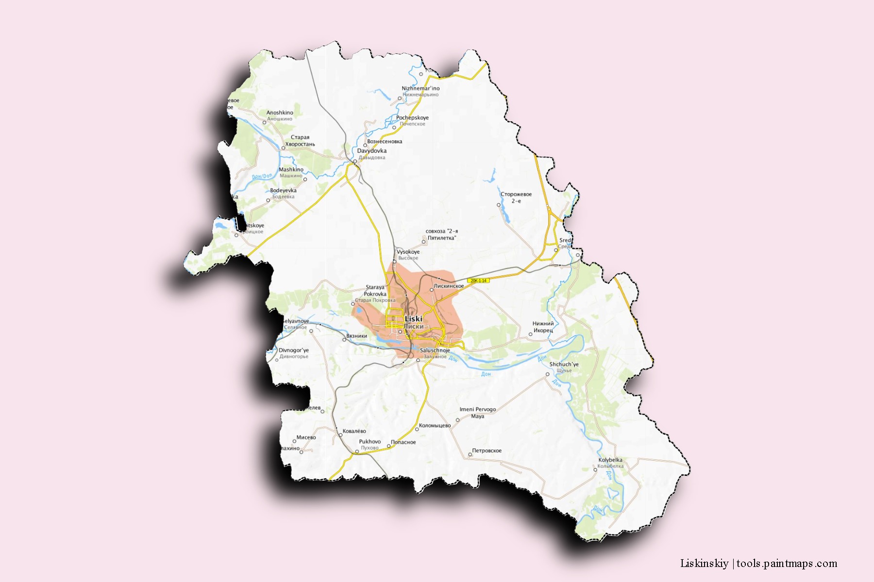 Mapa de barrios y pueblos de Liskinskiy con efecto de sombra 3D