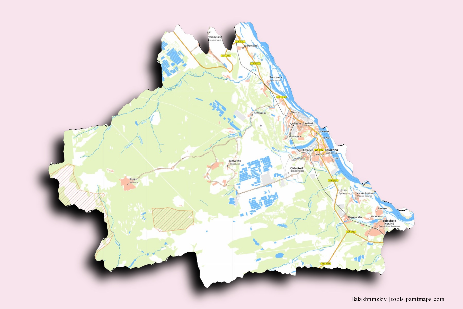 Balakhninskiy neighborhoods and villages map with 3D shadow effect