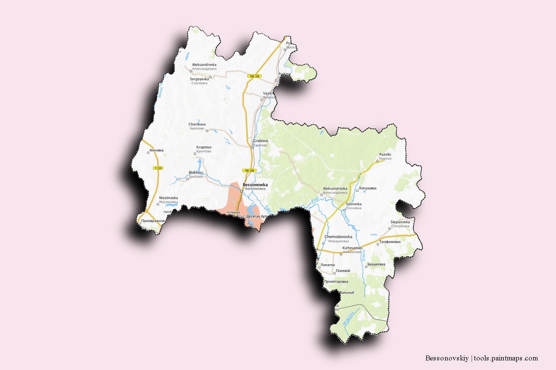 Mapa de barrios y pueblos de Bessonovskiy con efecto de sombra 3D