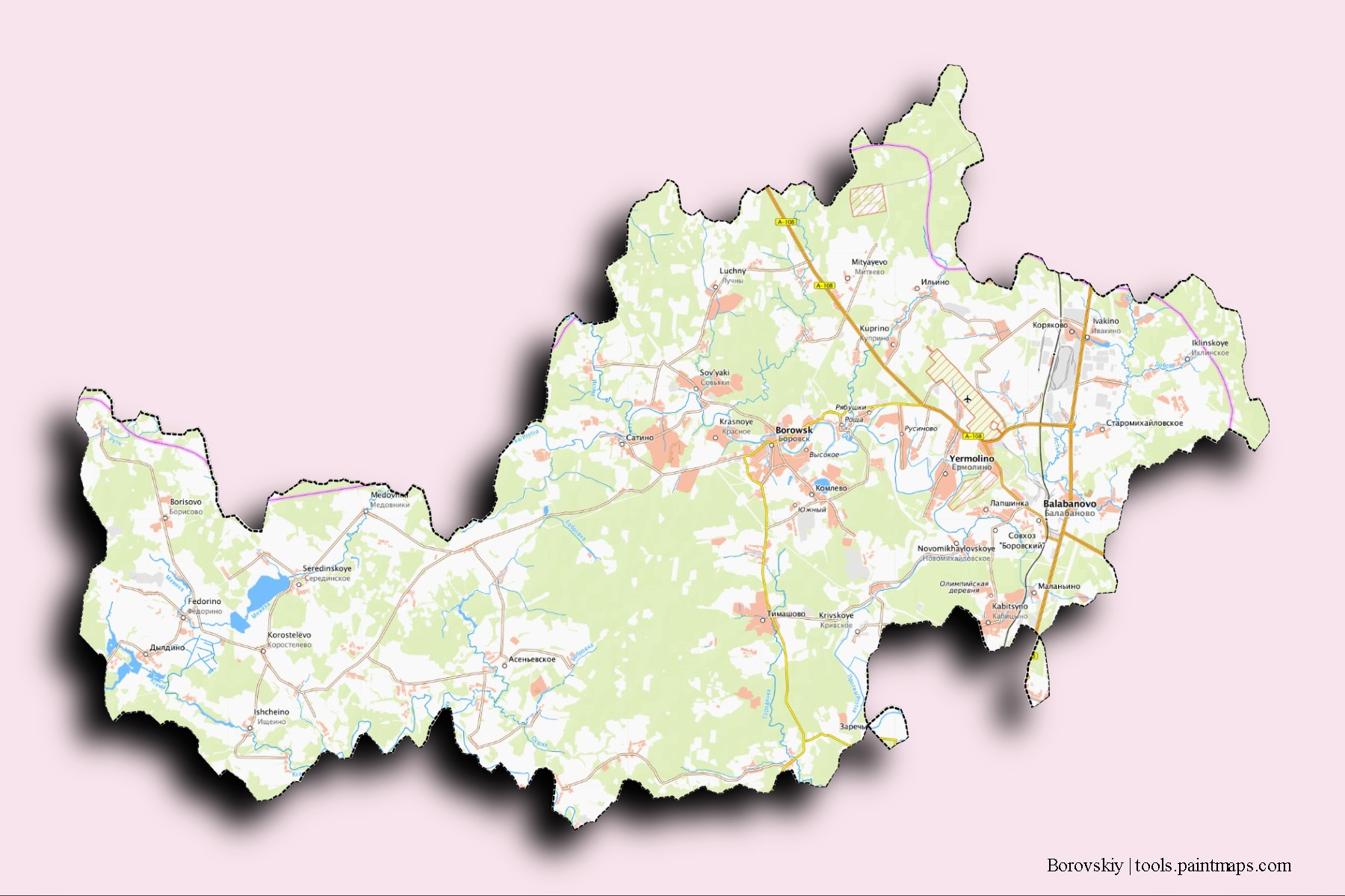 Borovskiy neighborhoods and villages map with 3D shadow effect