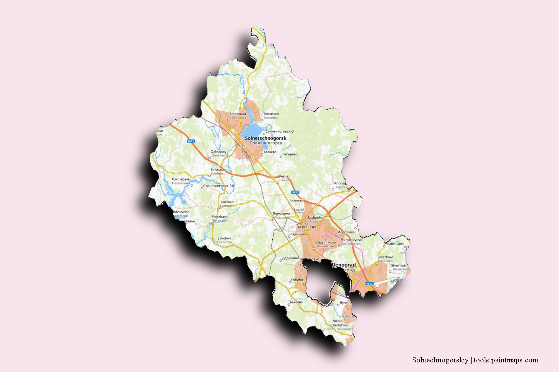 Solnechnogorskiy neighborhoods and villages map with 3D shadow effect