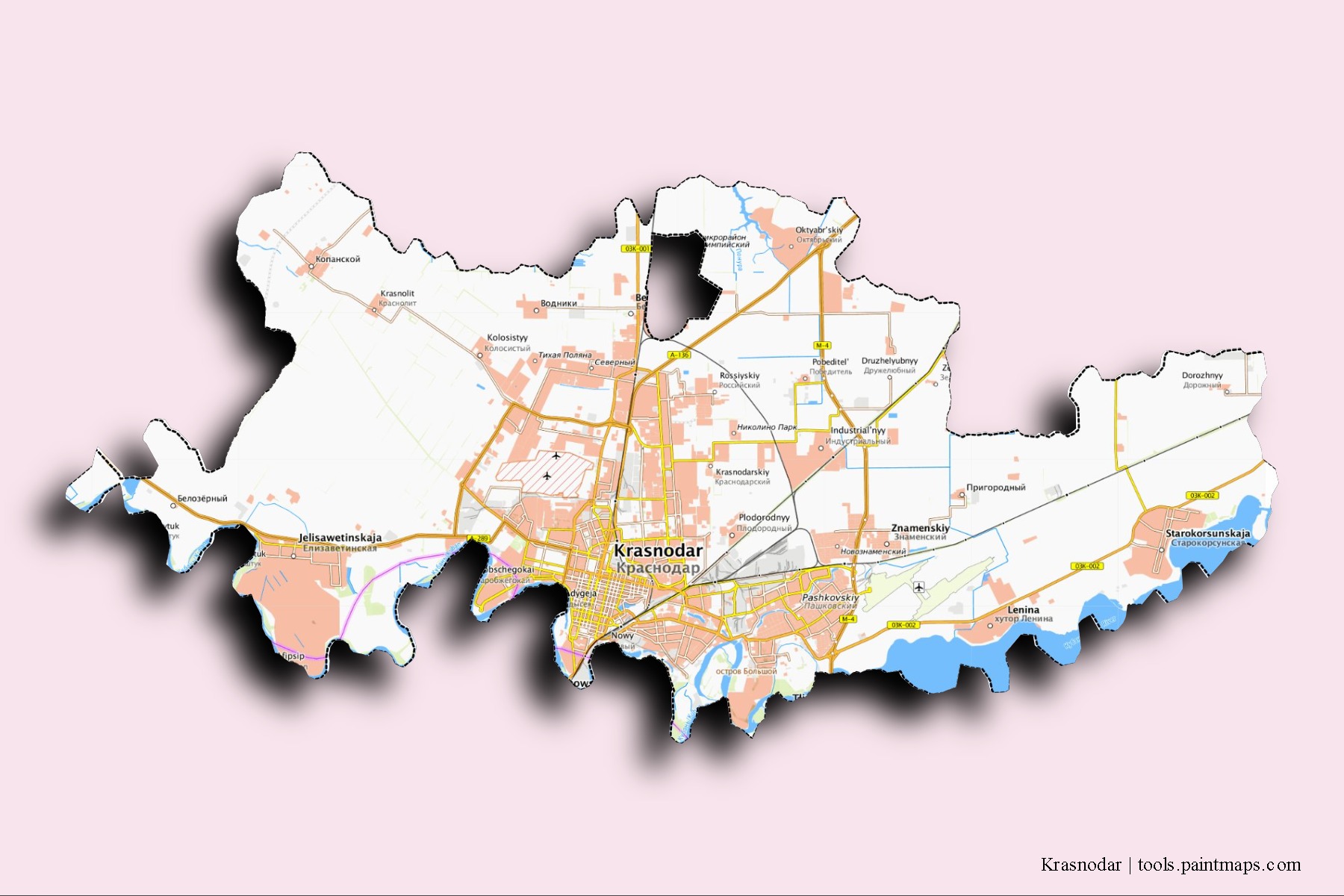 Krasnodar neighborhoods and villages map with 3D shadow effect