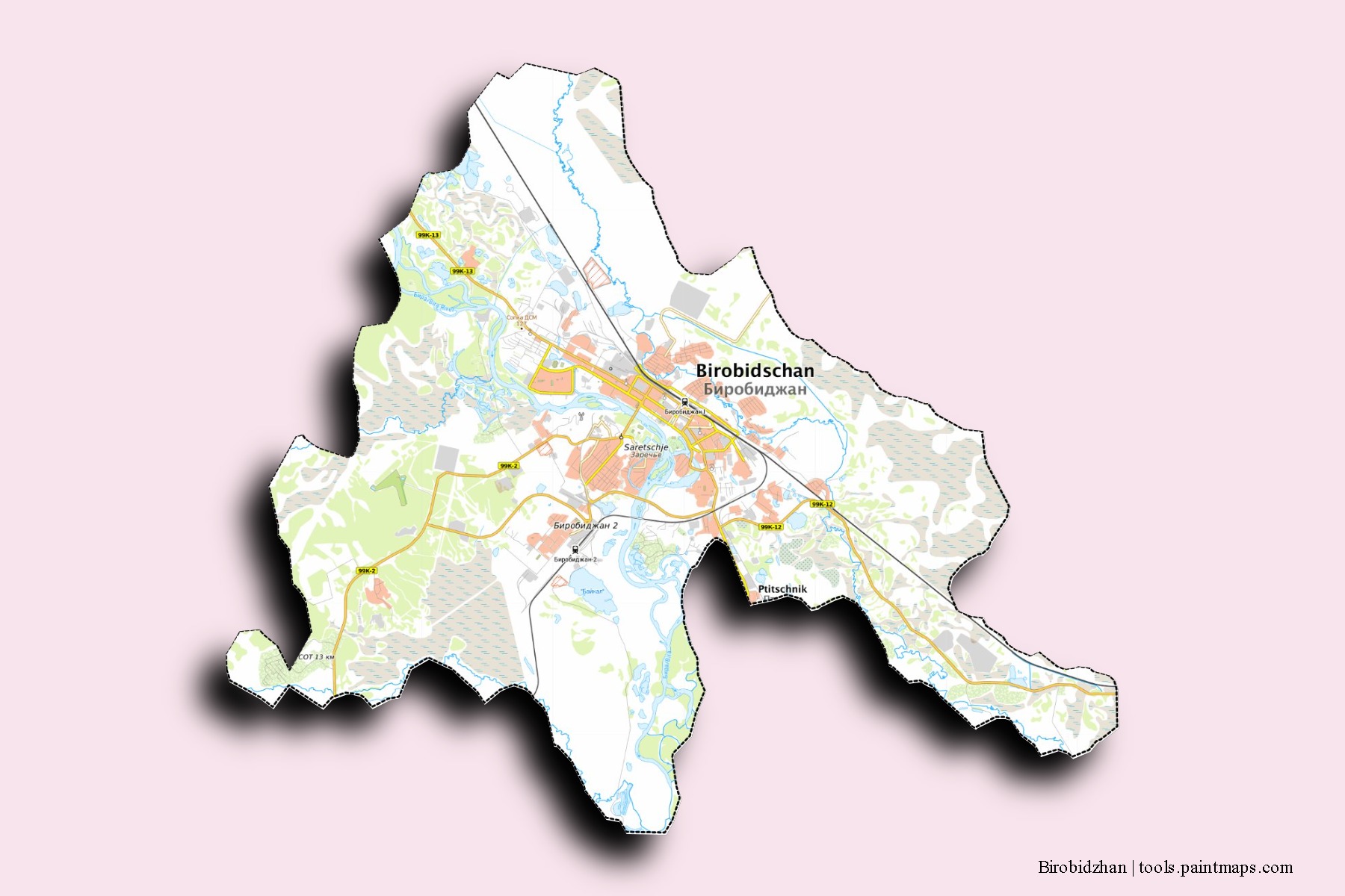 Birobidzhan neighborhoods and villages map with 3D shadow effect