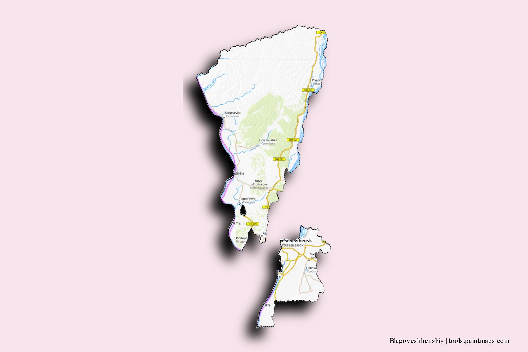 Mapa de barrios y pueblos de Blagoveshhenskiy con efecto de sombra 3D