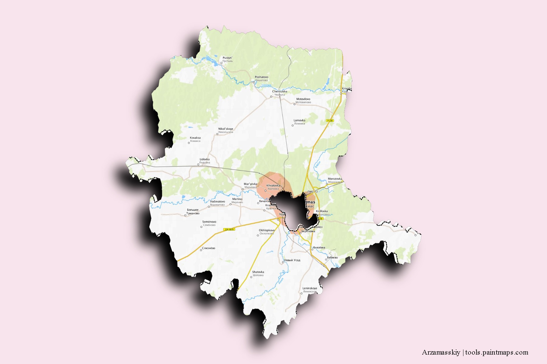 Mapa de barrios y pueblos de Arzamasskiy con efecto de sombra 3D