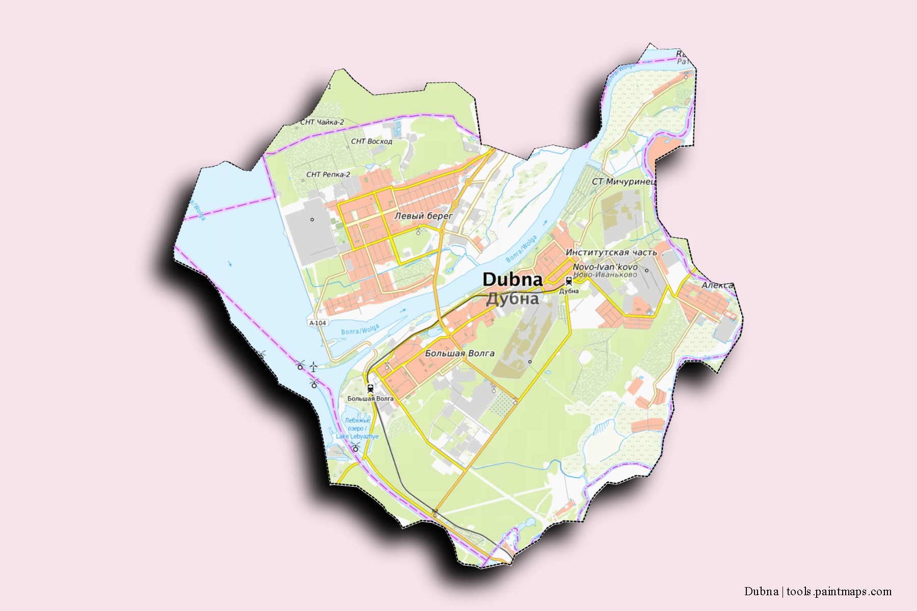 Mapa de barrios y pueblos de Dubna con efecto de sombra 3D