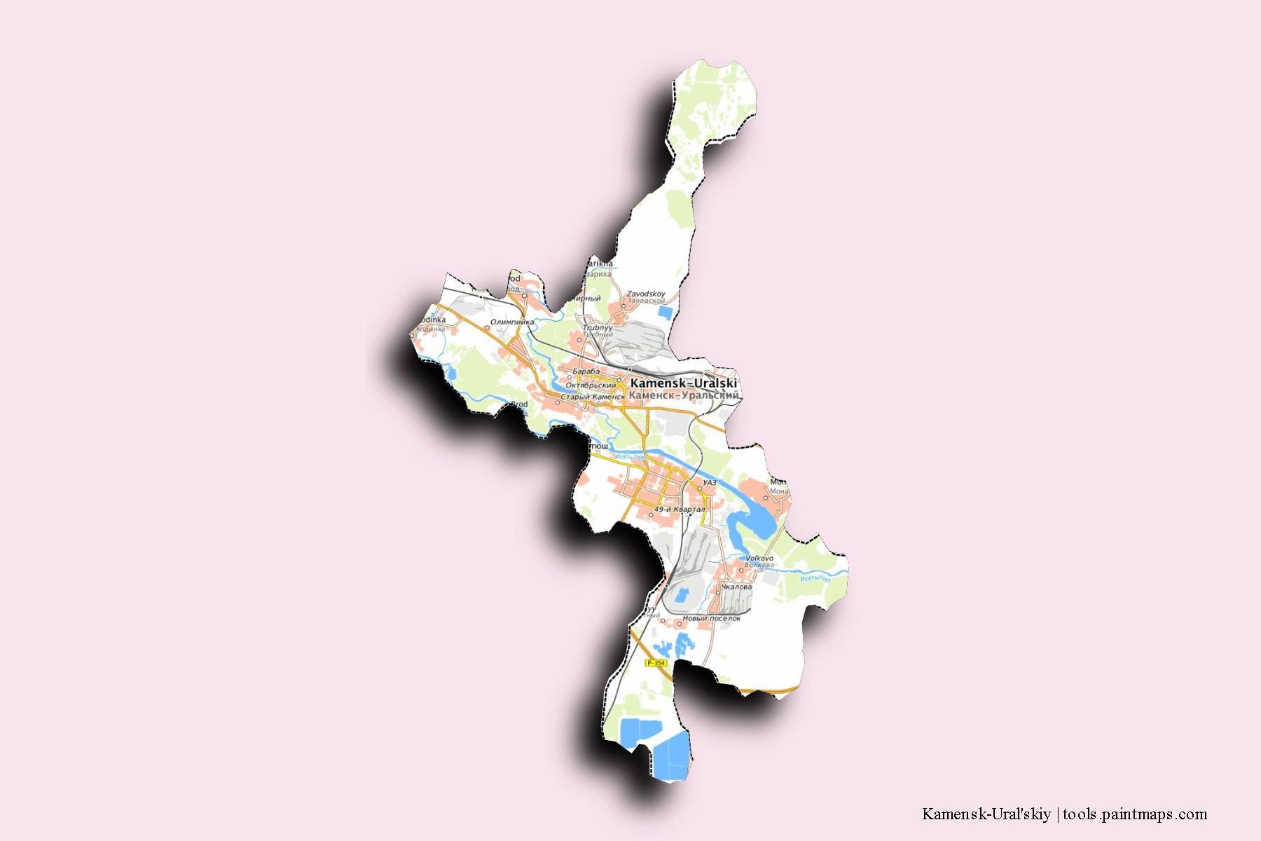 3D gölge efektli Kamensk-Ural'skiy mahalleleri ve köyleri haritası