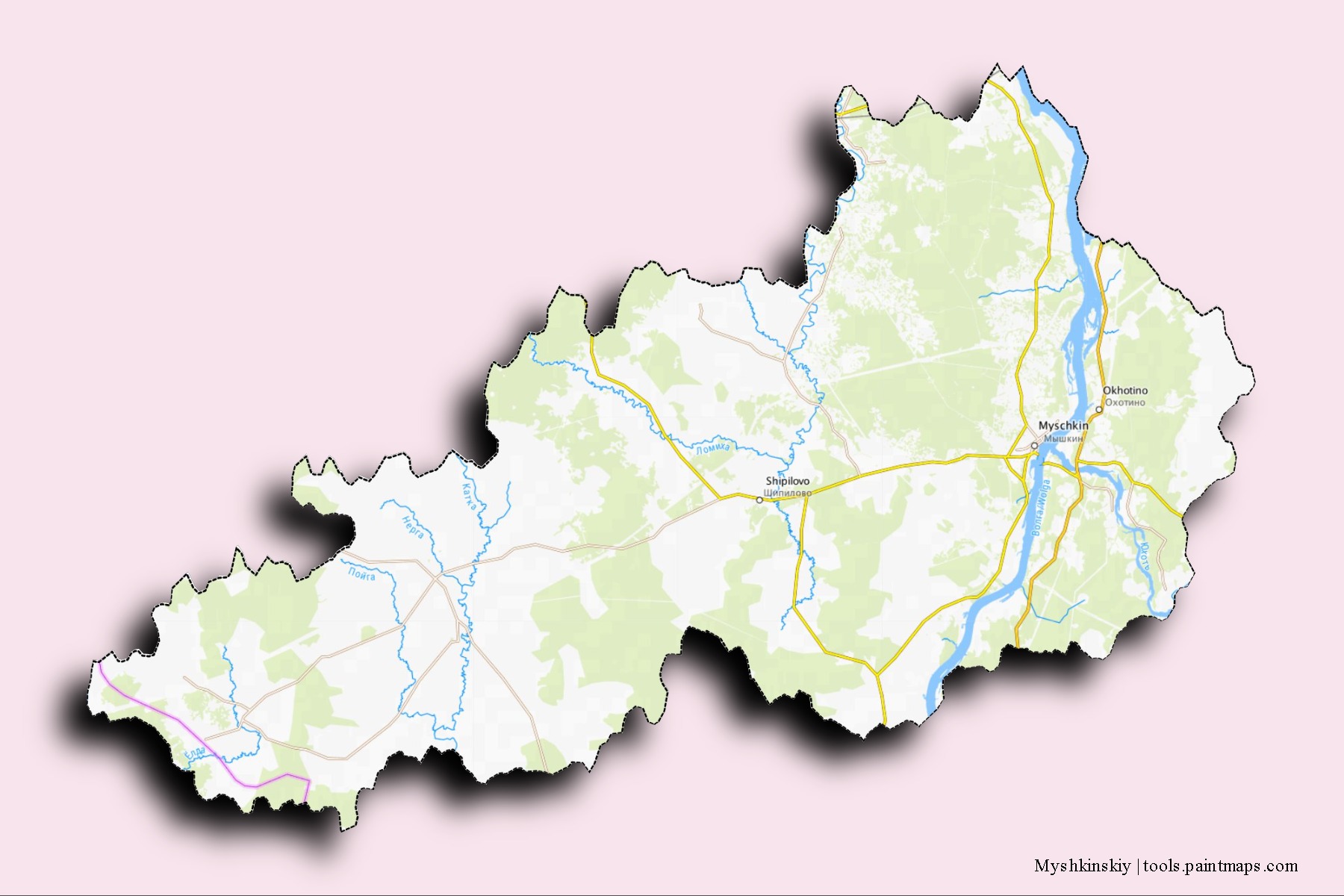 Mapa de barrios y pueblos de Myshkinskiy con efecto de sombra 3D