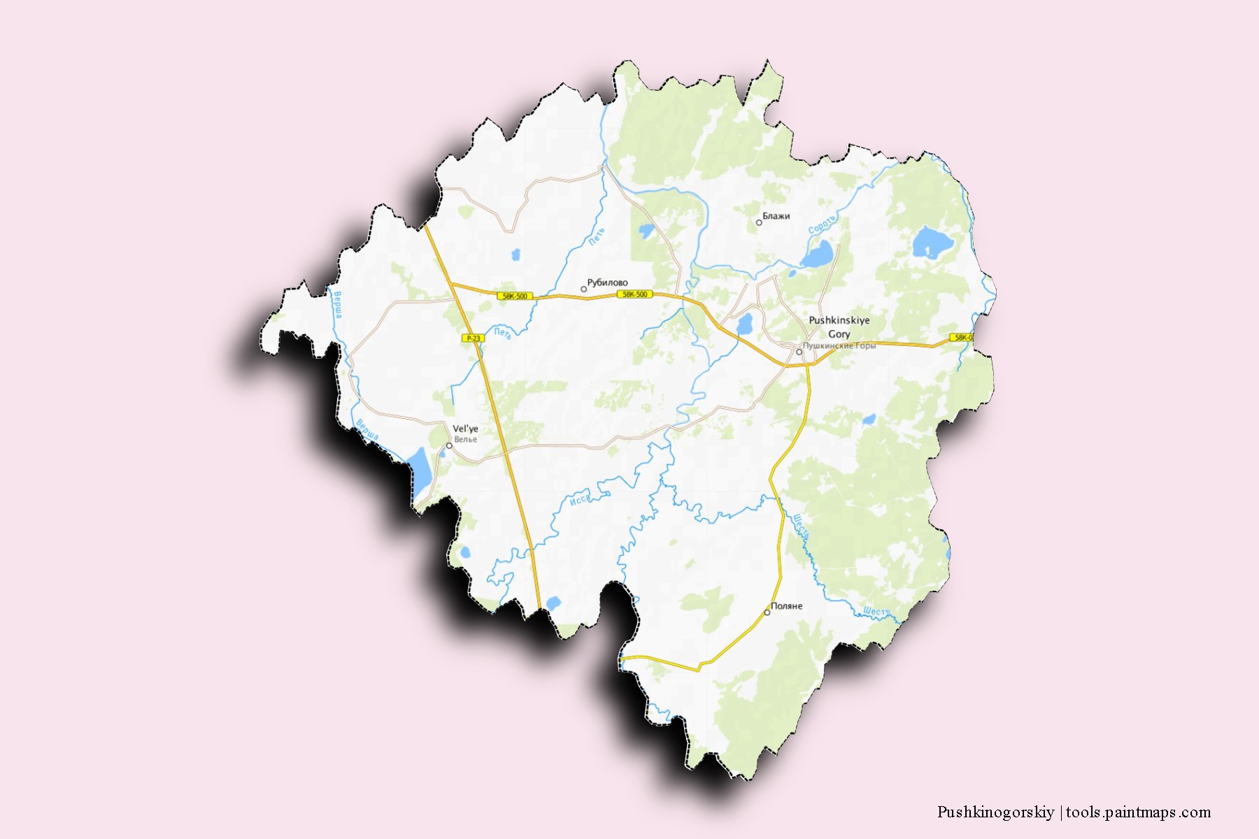 Mapa de barrios y pueblos de Pushkinogorskiy con efecto de sombra 3D