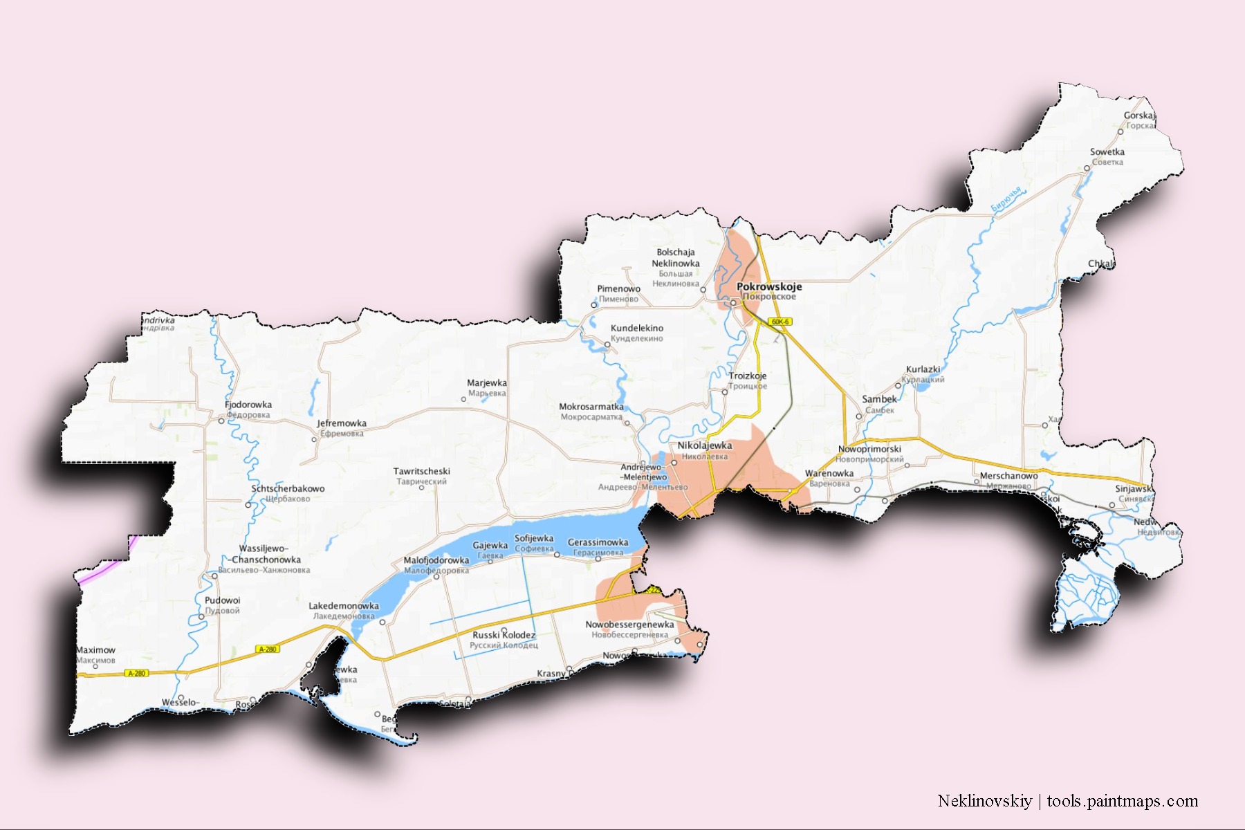 Neklinovskiy neighborhoods and villages map with 3D shadow effect