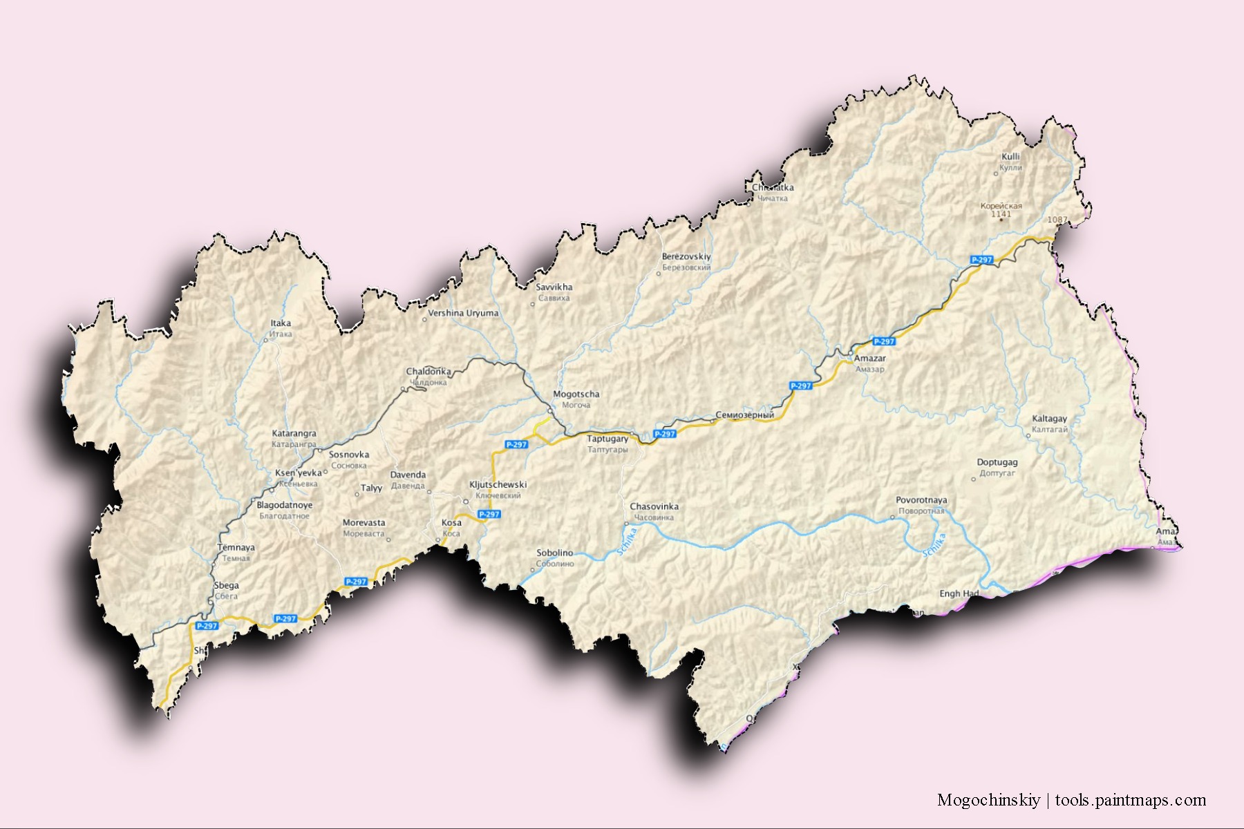 Mapa de barrios y pueblos de Mogochinskiy con efecto de sombra 3D