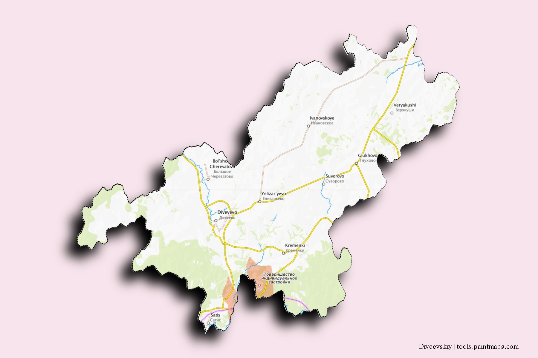 Mapa de barrios y pueblos de Diveevskiy con efecto de sombra 3D