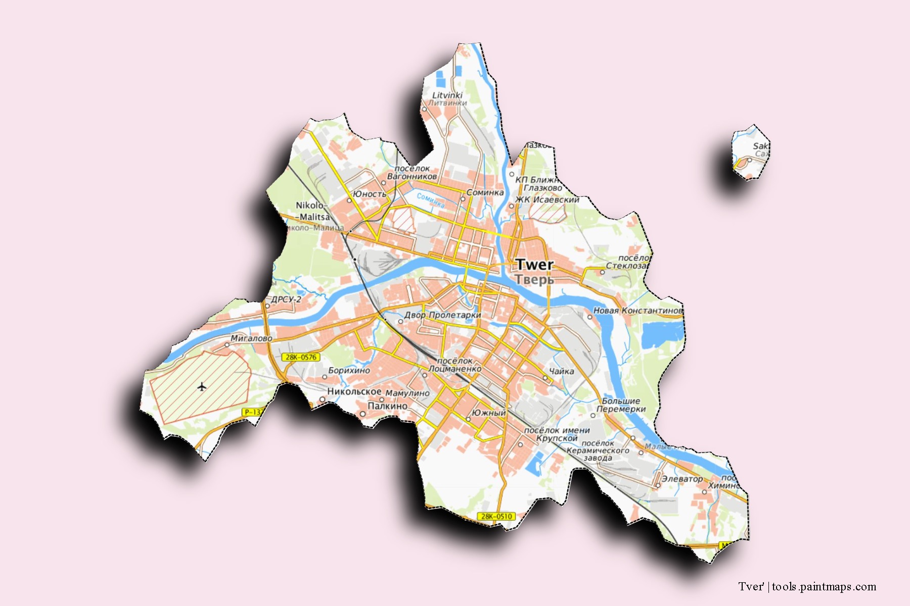 Mapa de barrios y pueblos de Tver' con efecto de sombra 3D