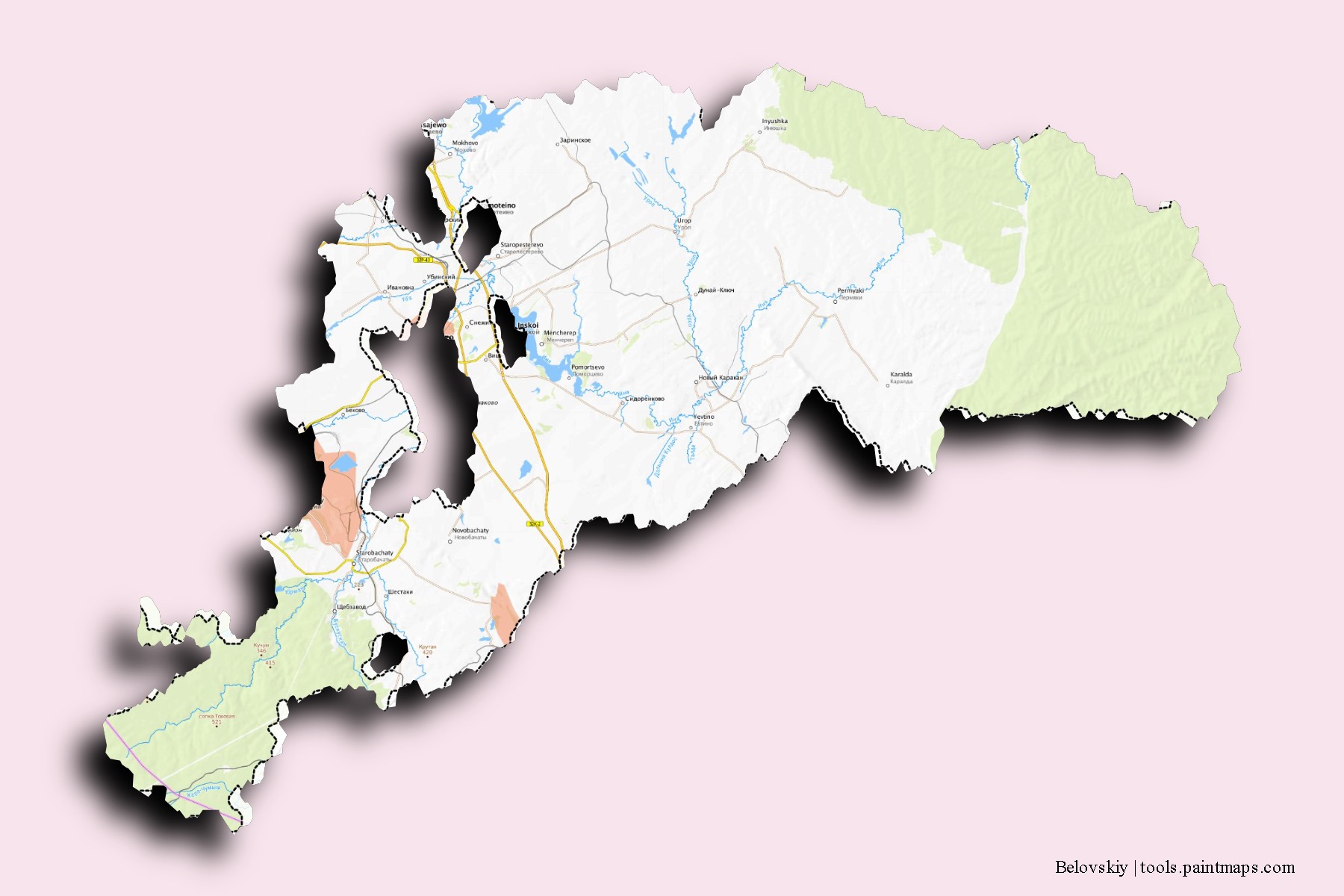3D gölge efektli Belovskiy mahalleleri ve köyleri haritası