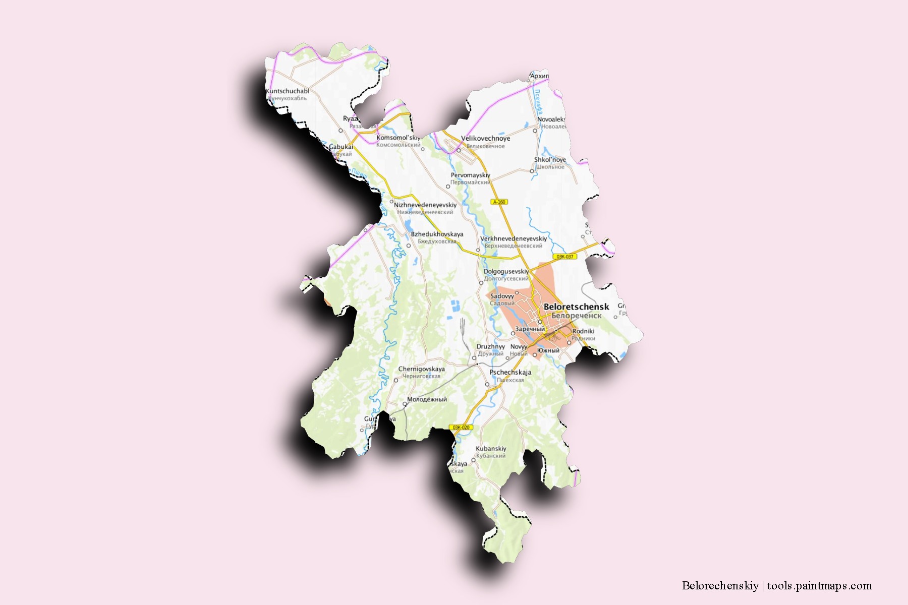 Belorechenskiy neighborhoods and villages map with 3D shadow effect