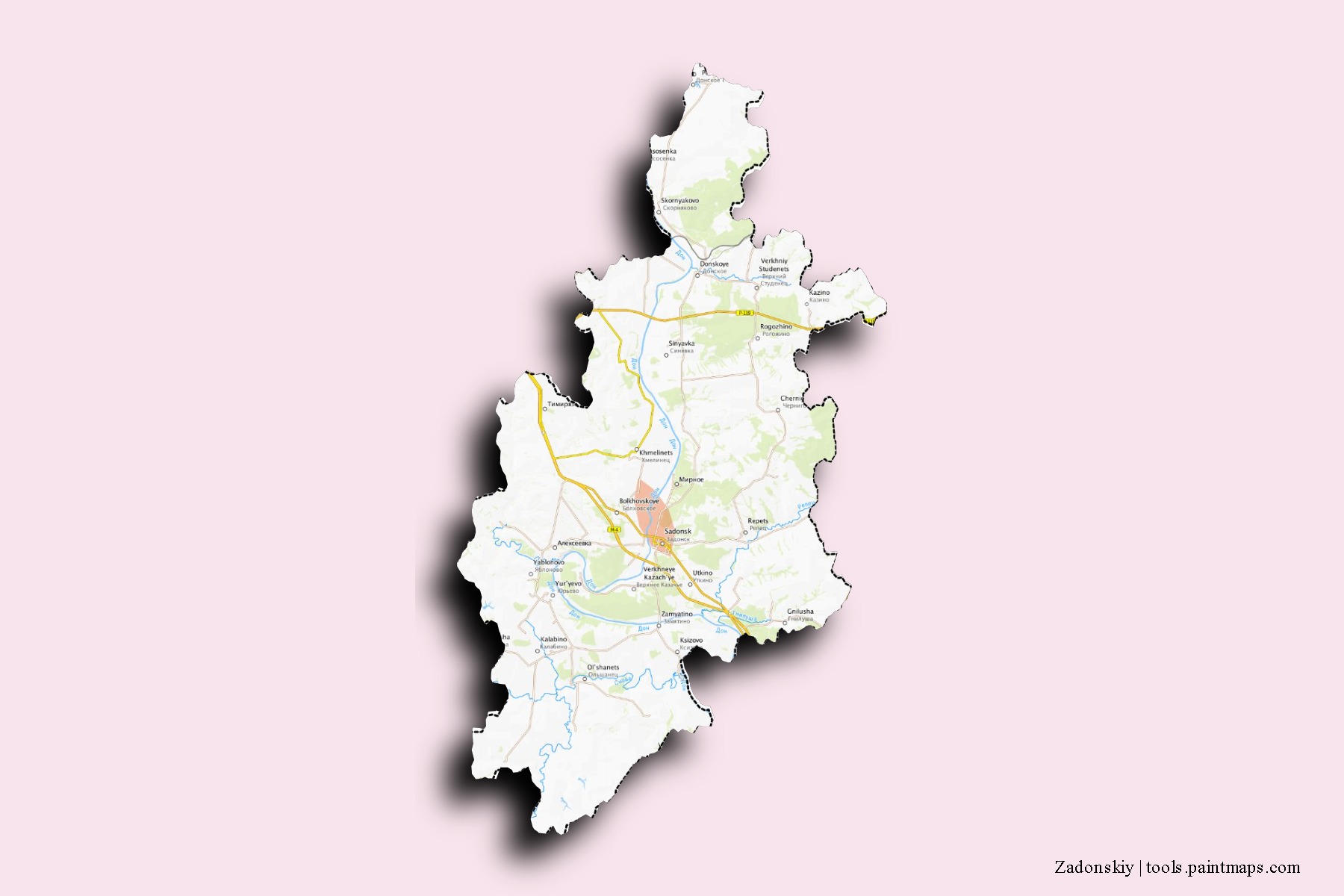 Mapa de barrios y pueblos de Zadonskiy con efecto de sombra 3D